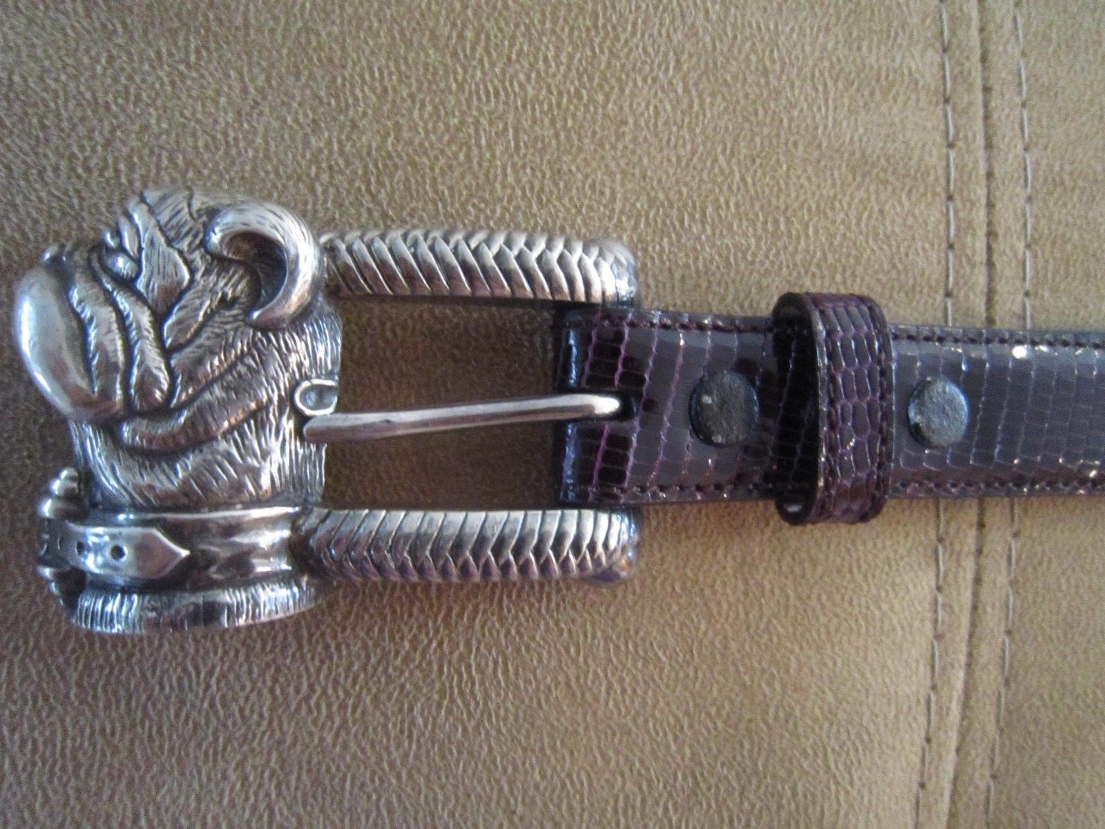 KIESELSTEIN CORD STERLING BULLDOG BUCKLE AND PURPLE LIZARD BELT SIZE 2