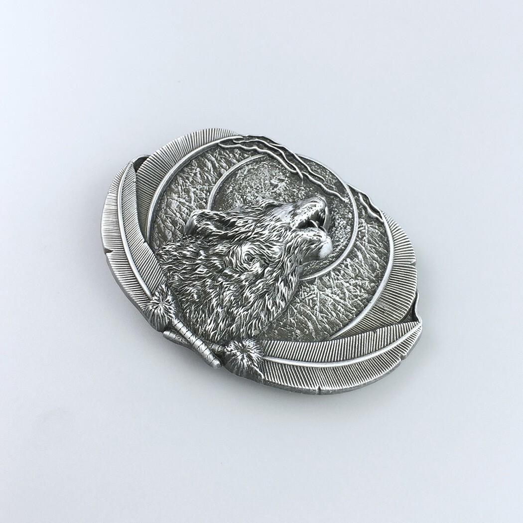 Antique Brushed Silver Western Wolf Moon Oval Belt Buckle Boucle de Ceinture