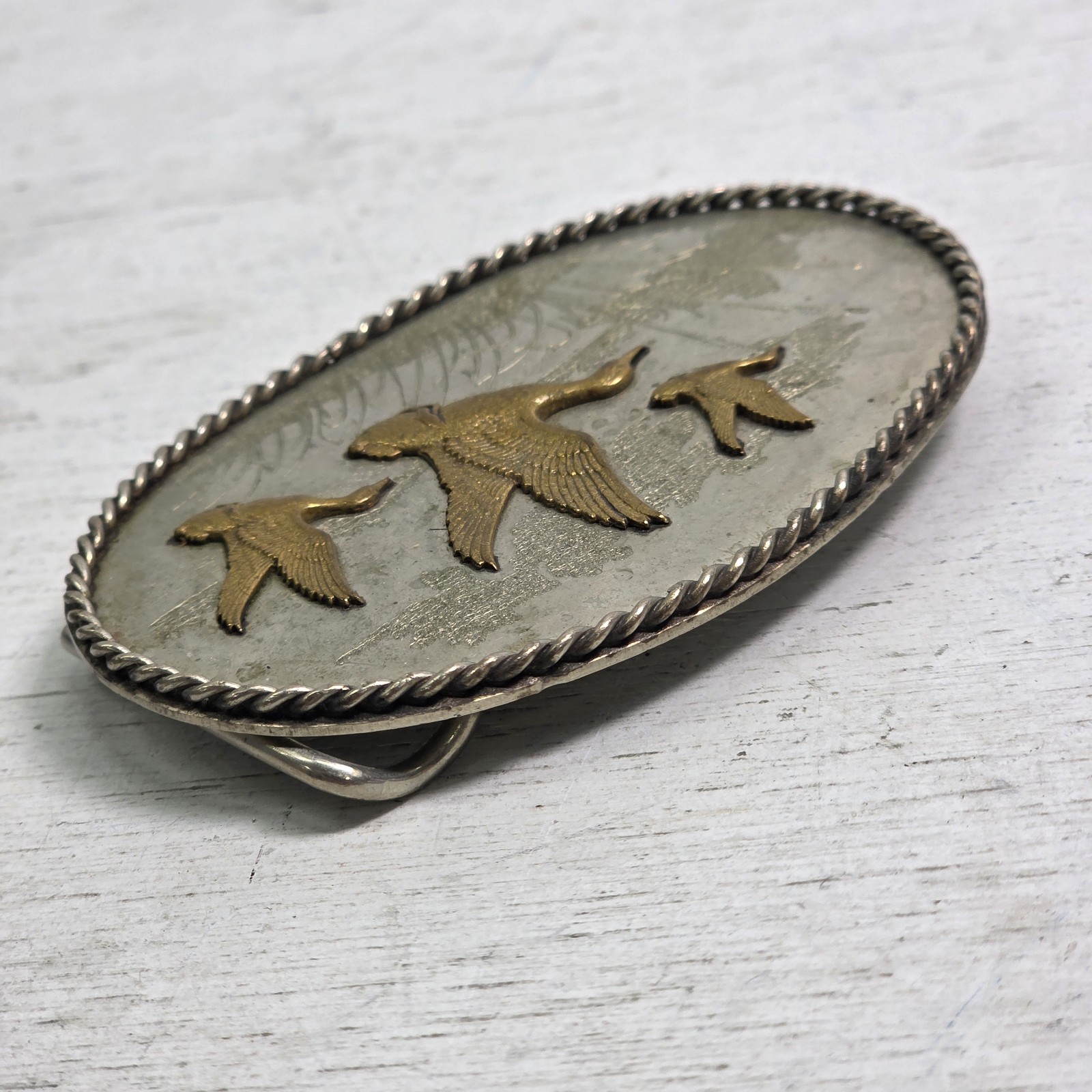 Vintage German Silver Enamel Mallard Duck Belt Buckle Engraved Western Rope Edge
