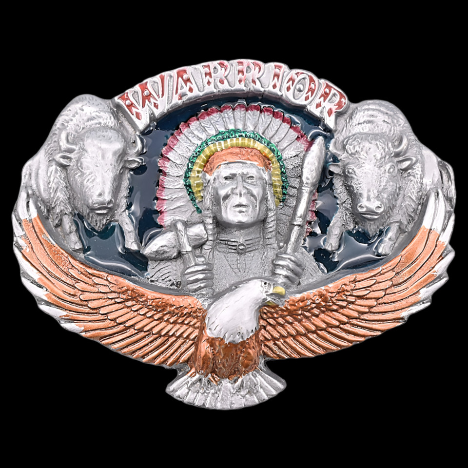 Warrior Chief Native American Indian Buffalo Bison Eagle Plains Belt Buckle