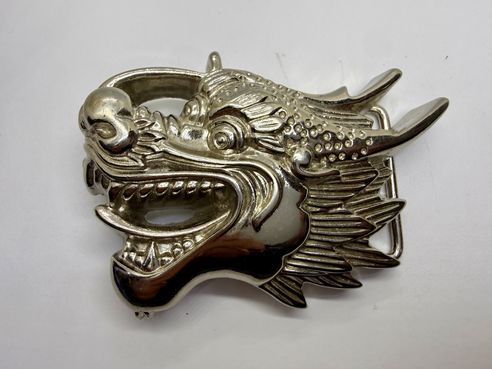 Mystical Asian Chinese Dragon Head Figural Cutout Silver Color Belt Buckle