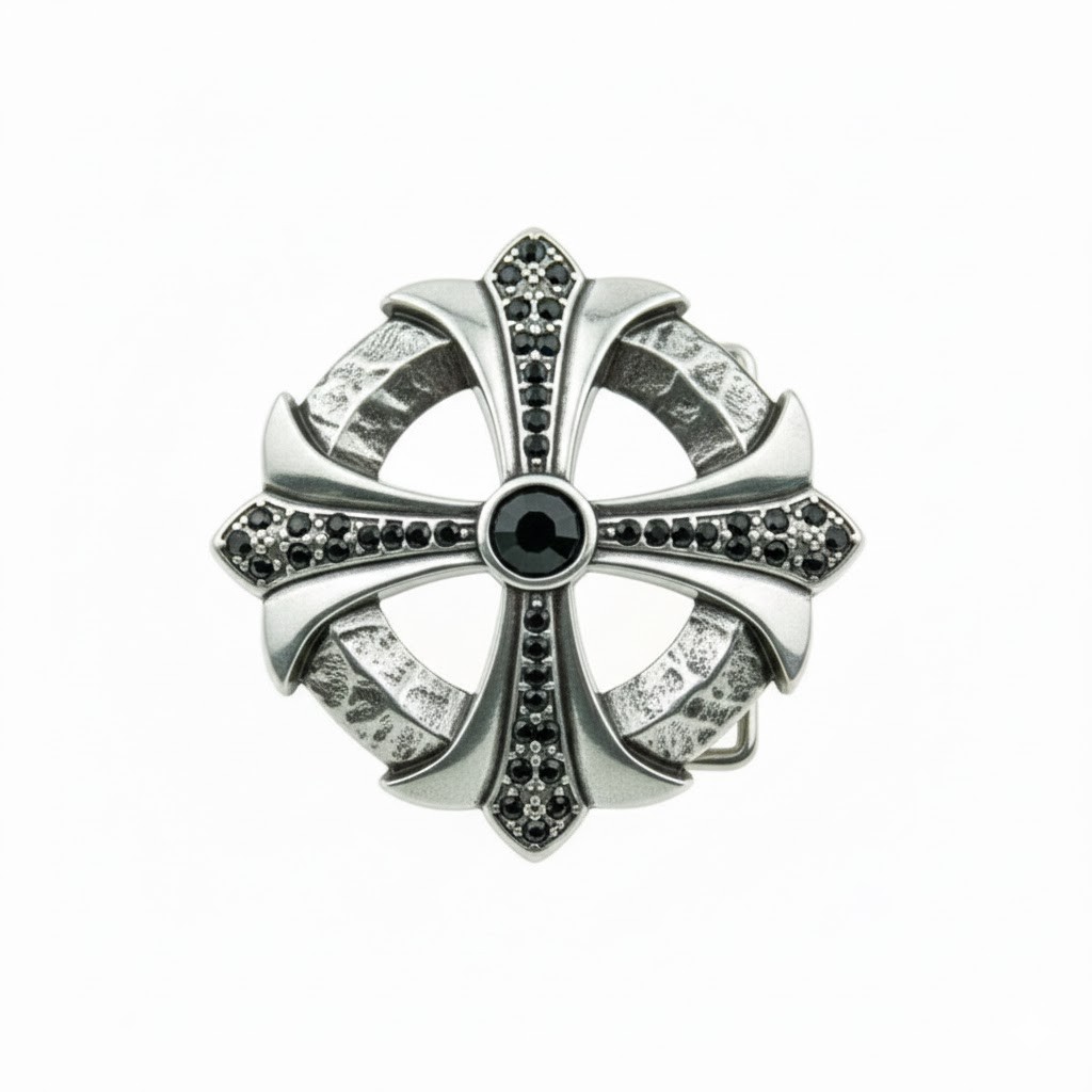 Gothic Cross Belt Buckle in Antique Silver with Black Crystals