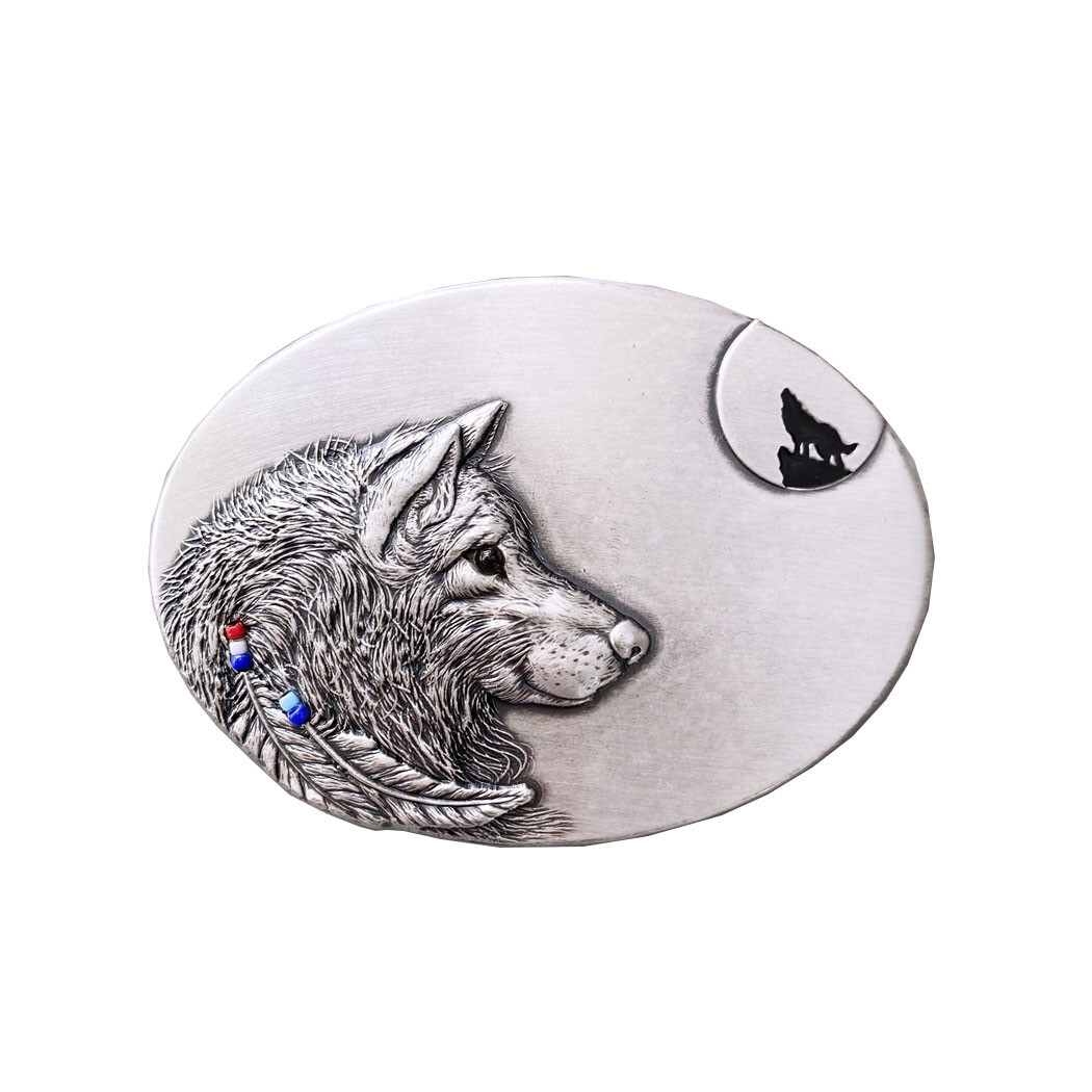Vintage Silver Plated Wolf Oval Belt Buckle Boucle de Ceinture
