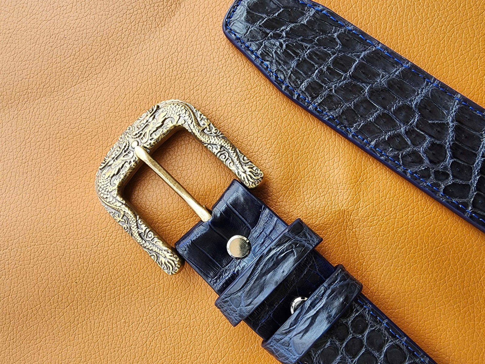 3.8CM Navy Blue 100% Genuine Leather Skin Men Belt Buckle- Handmade