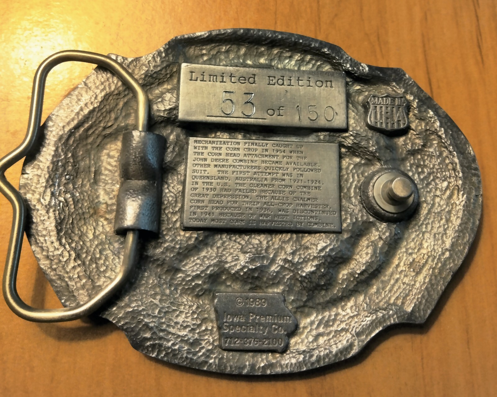 1989 IOWA PREMIUM SPECIALTY CO. Pewter Belt Buckle Corn Head Attachment