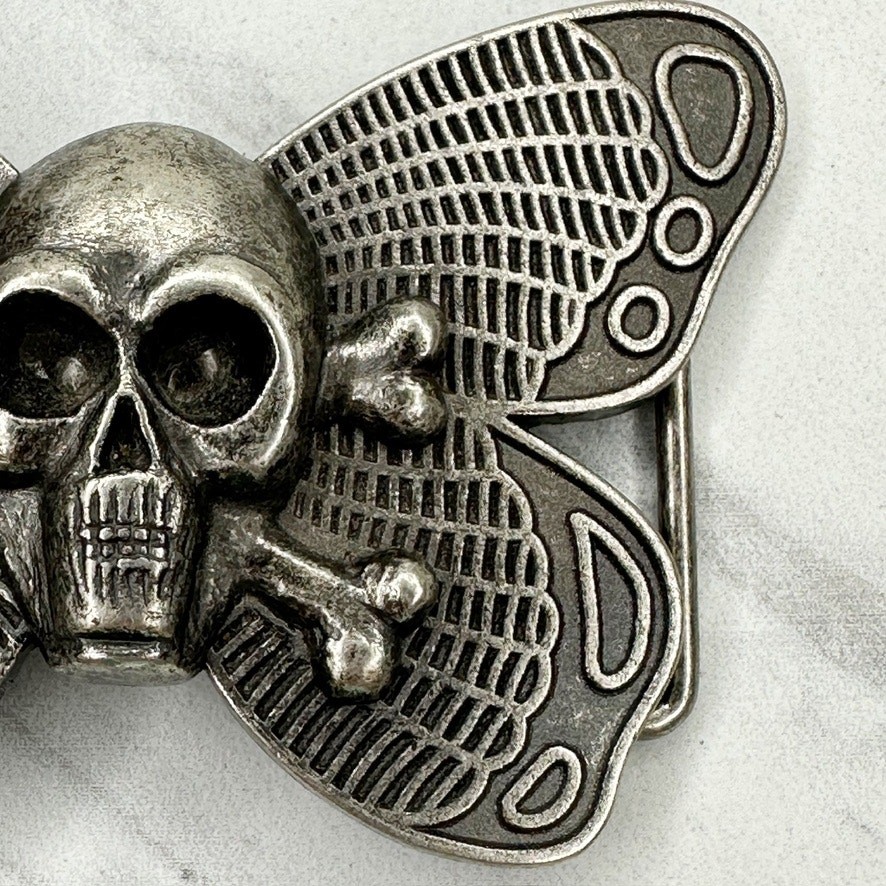 Skull Butterfly Belt Buckle Silver Tone Gothic Punk Statement