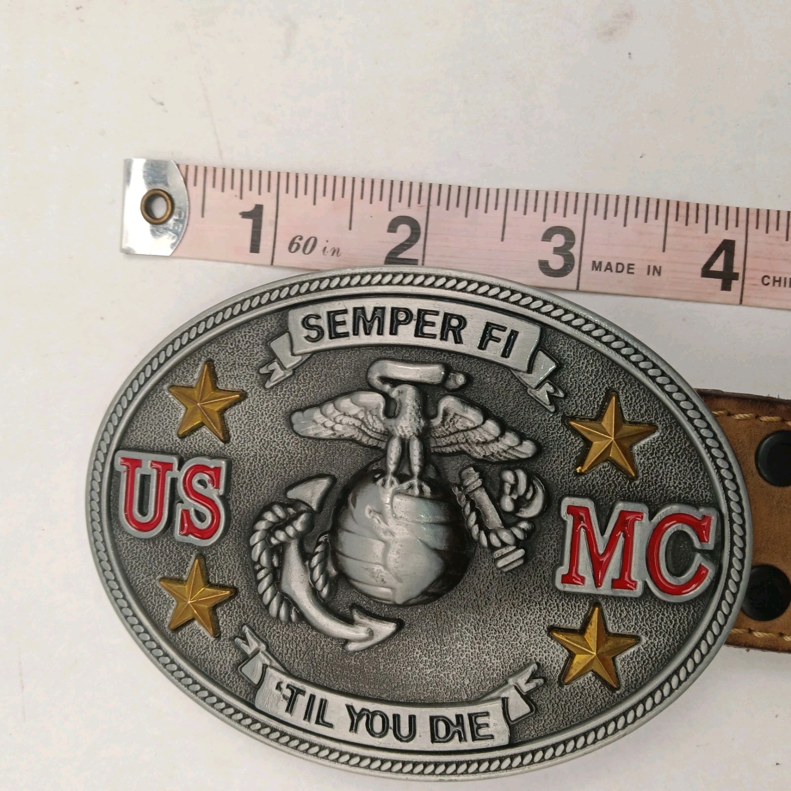USMC Marine Corps Enameled Belt Buckle And Leather Wrangler Belt 39&Prime;-44&Prime;