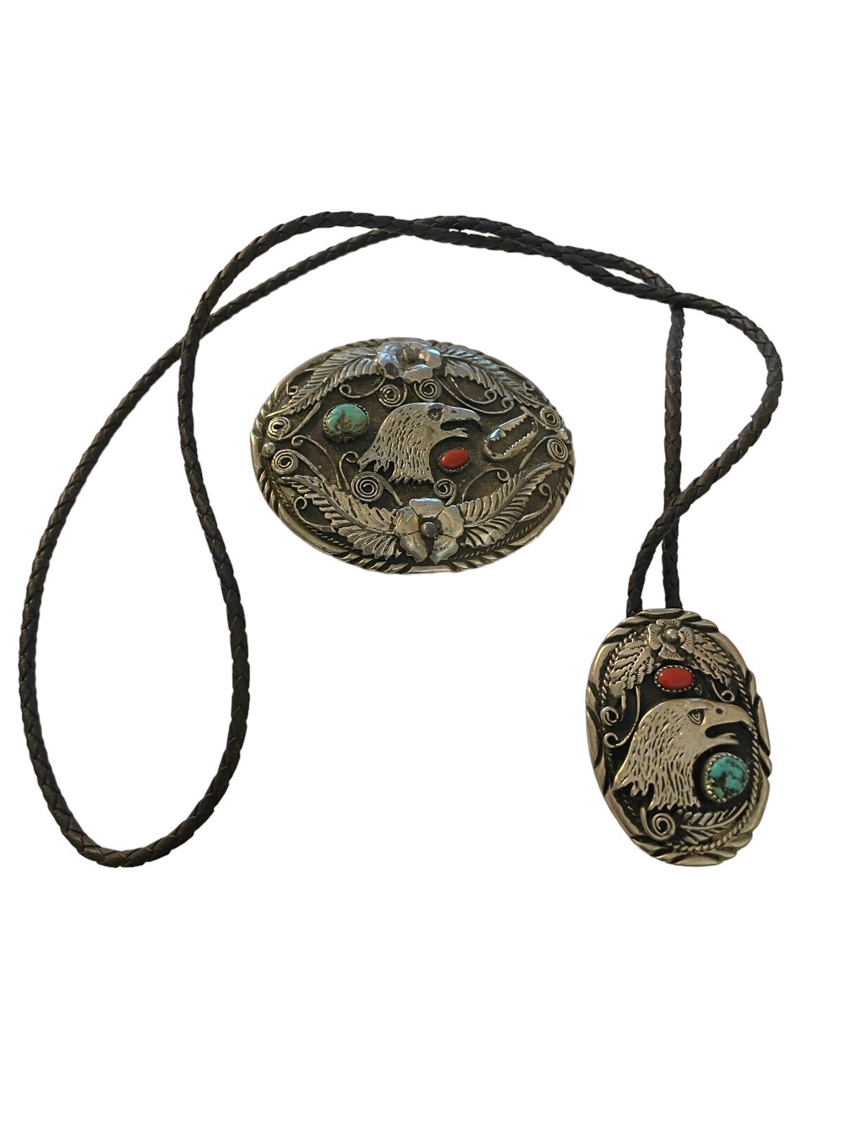 SSI Silver Turquoise Coral American Eagle Feathers Flower Belt Buckle & Bolo Tie