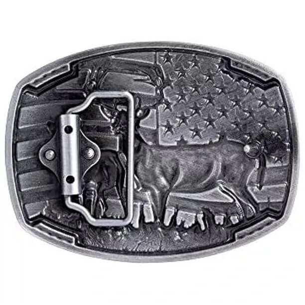 American Flag Deer Hunting Belt Buckle – Buck & Doe, Antique Silver Western