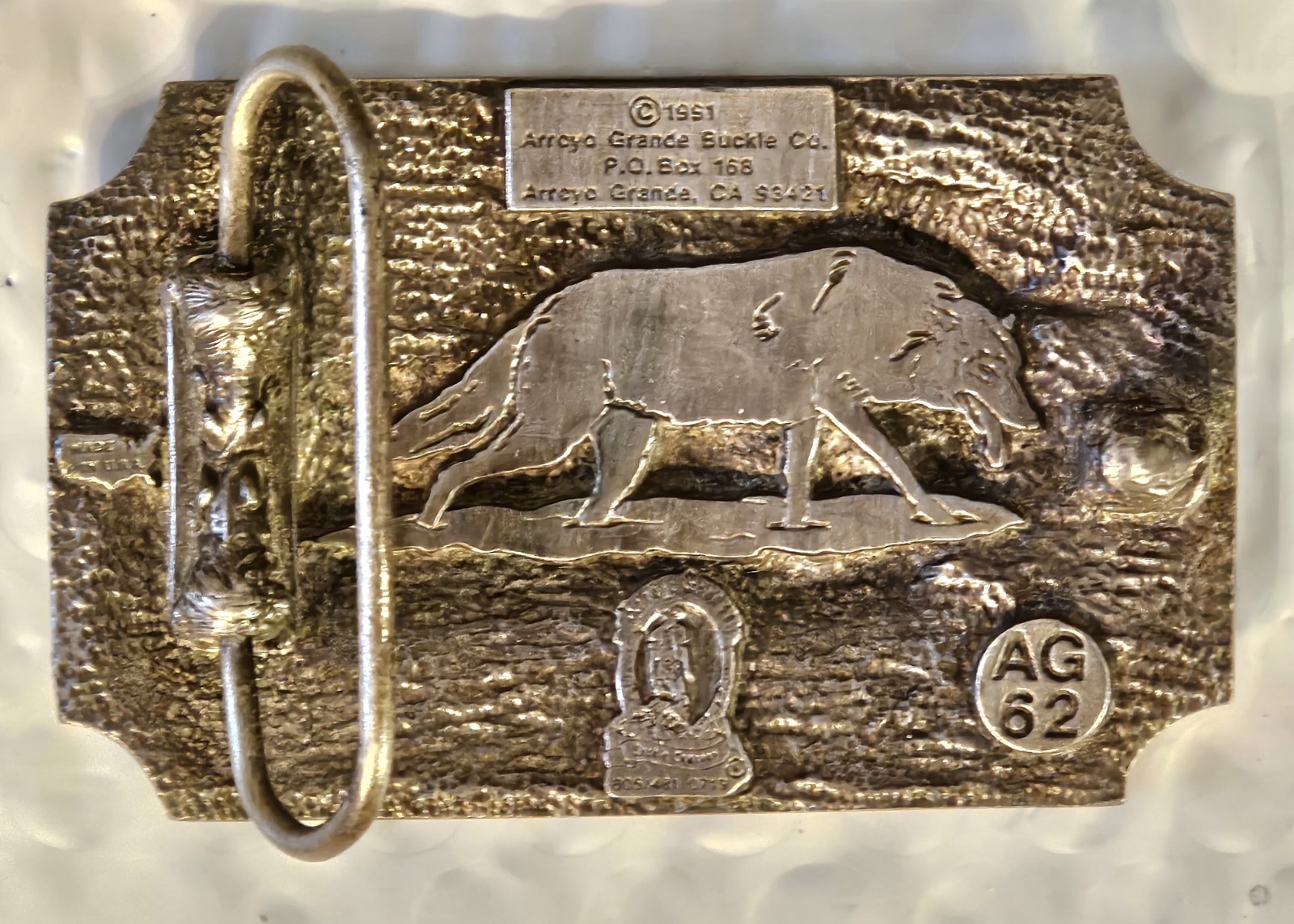 Wolves Belt Buckle Scalloped Rectangle 1991 by Arroyo Grande 3.25&Prime;L x 2&Prime;W U.S.A.
