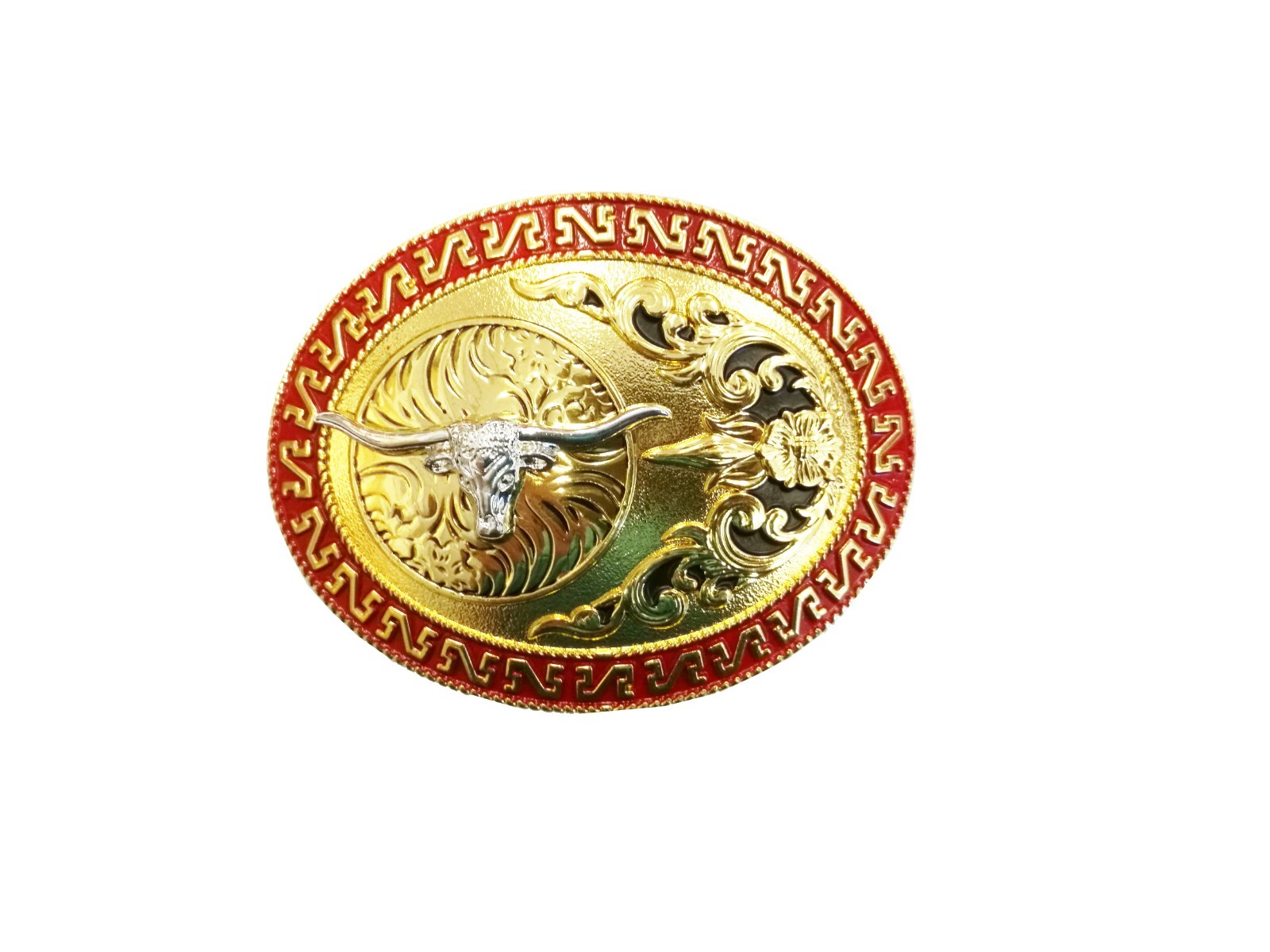 Western Buckle Gold Silver Black Red Longhorn Cowboy Oval 2 » Rodeo Buckle