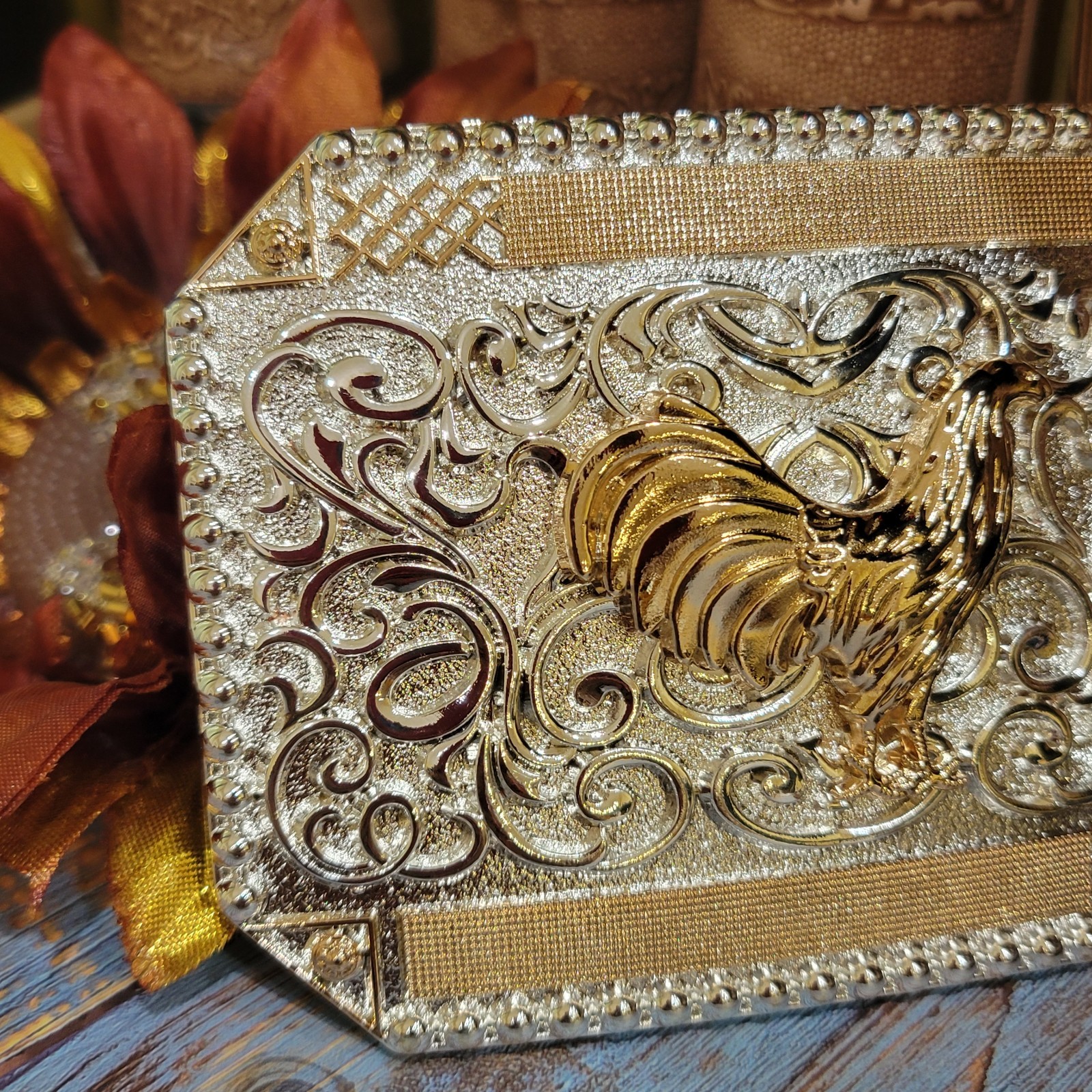 Rooster Cowboy Belt Buckle Western HebillaSilver & Rosetone 4×3.5 Inch