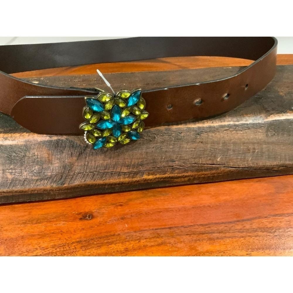Genuine Italian Bonded Leather Belt Brown Blue Green Crystal Buckle Made in USA