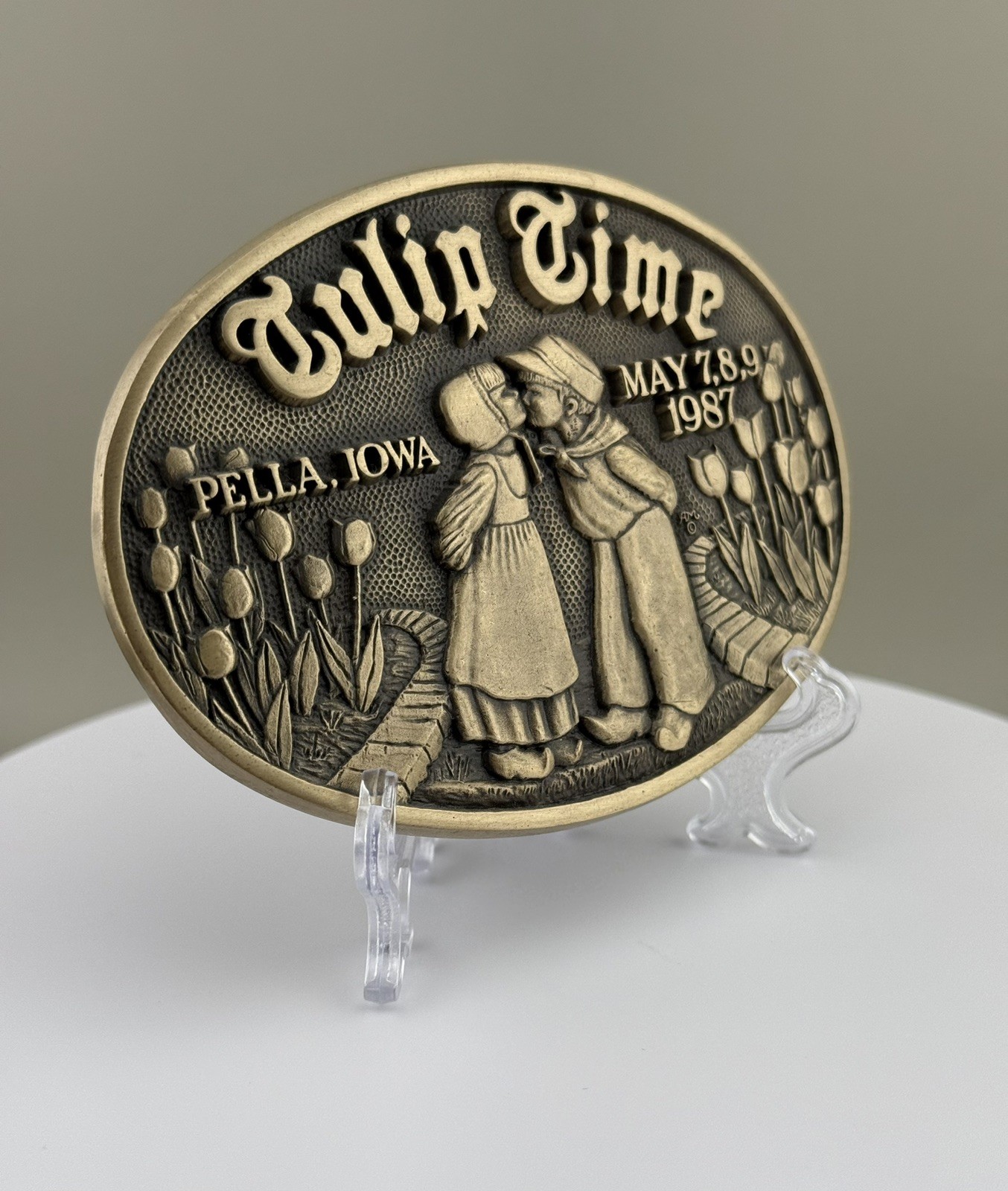 Tulip Time 1987 Pella Iowa Solid Brass Belt Buckle Limited Edition Heavy ADM