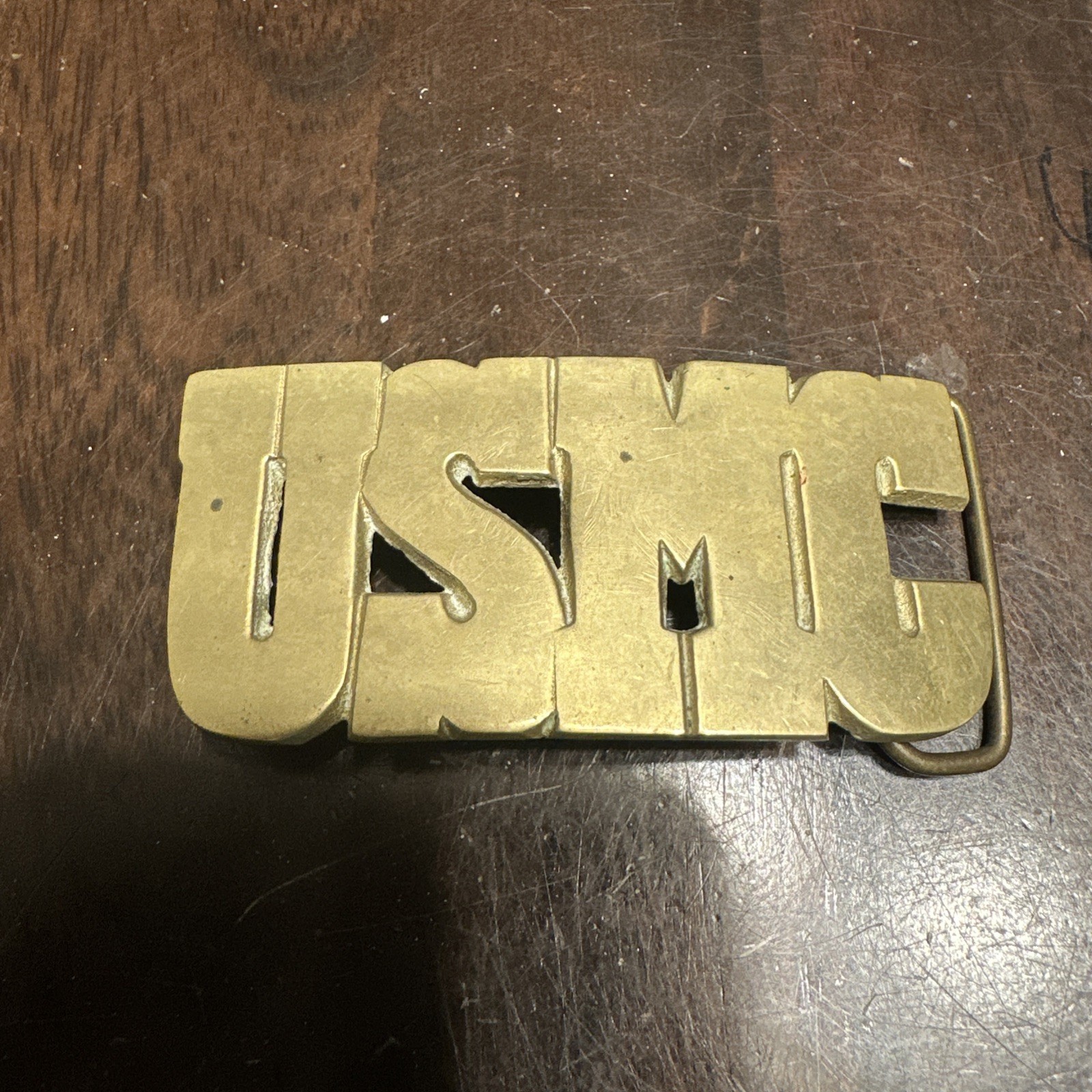 USMC solid brass belt buckle “USMC” in large letters 2” tall & 4”wide unpolished