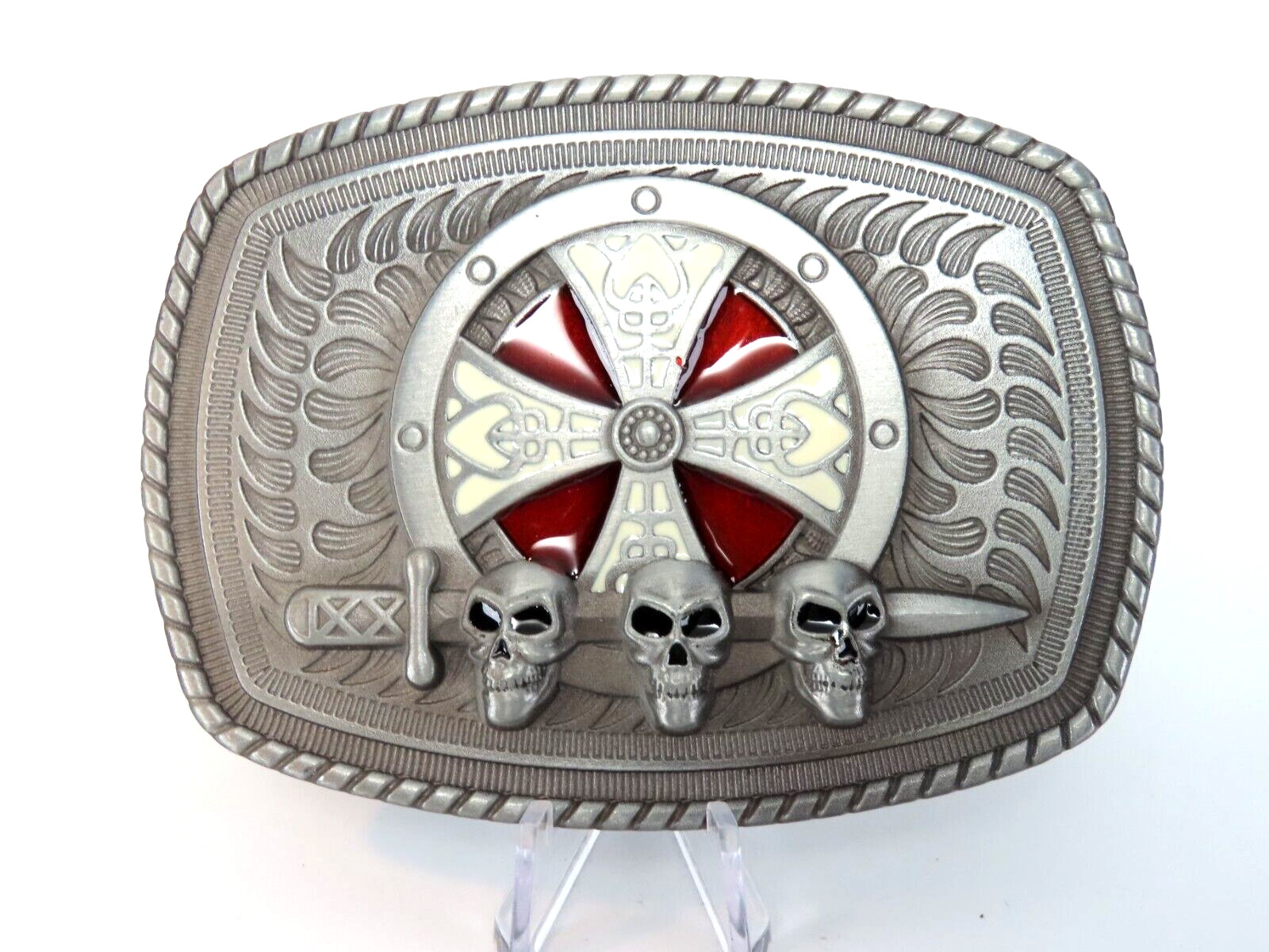 Celtic Shield Skull Sword Metal Belt Buckle Pewter Tone Enameled New