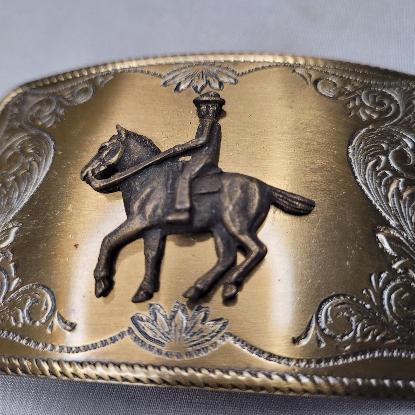 Horseback Rider Belt Buckle Mens One Size Gold Western Floral Cowboy Rectangular
