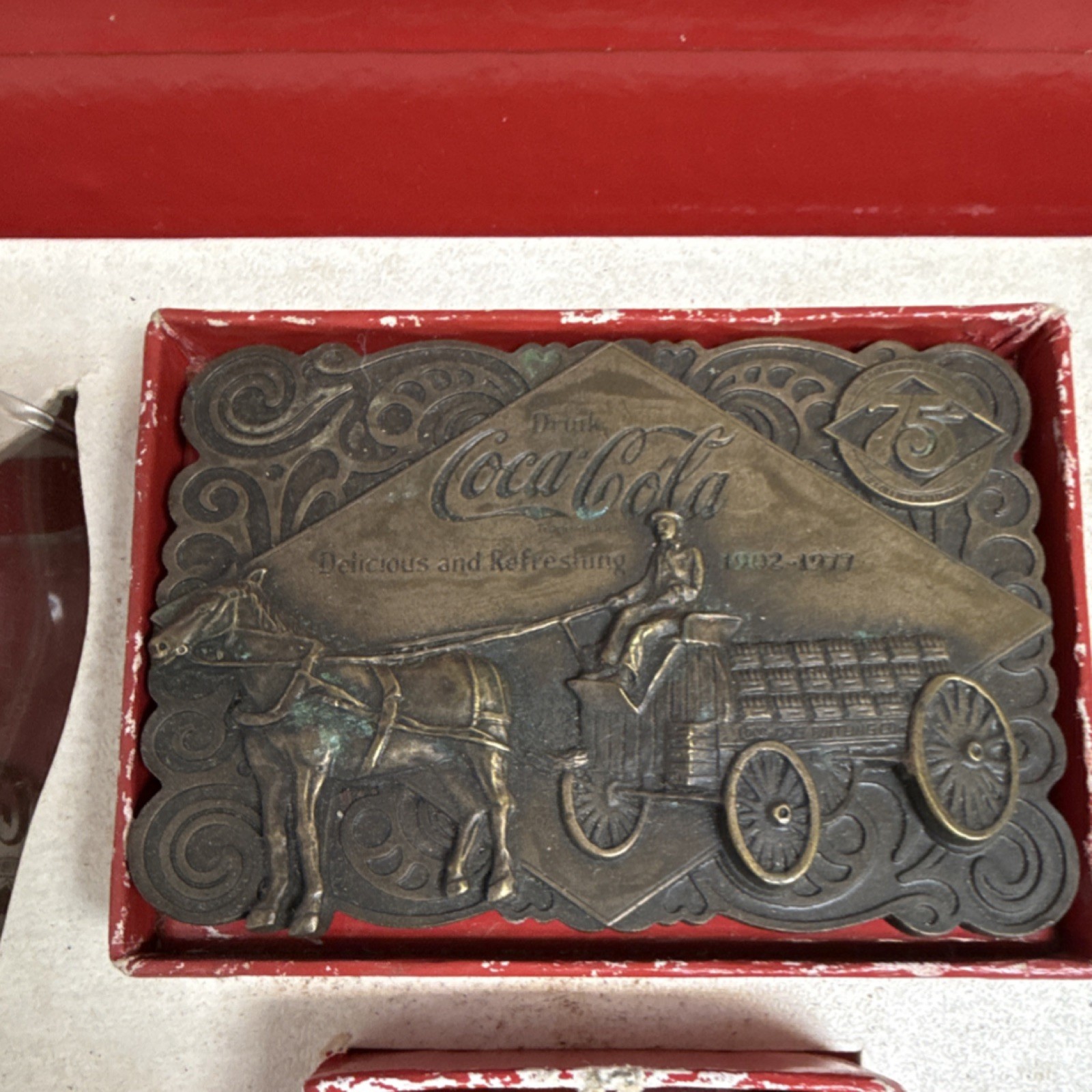 Coca-Cola 75th Anniversary Vintage Brass Bronze Rectangular Belt Buckle 1976