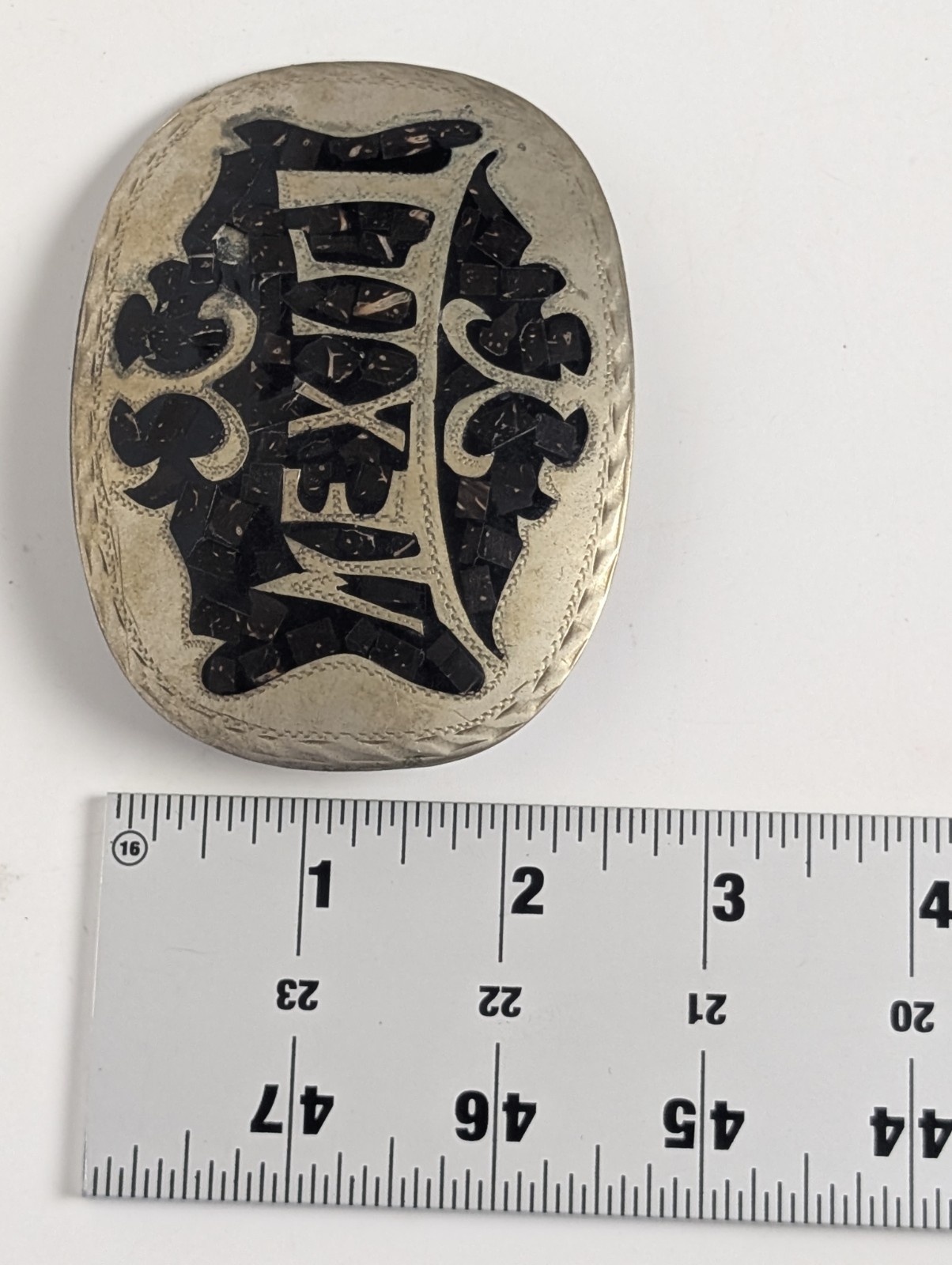 Vintage Mexico Alpaca Silver Mosaic Inlay Oval Belt Buckle Western Boho Unisex
