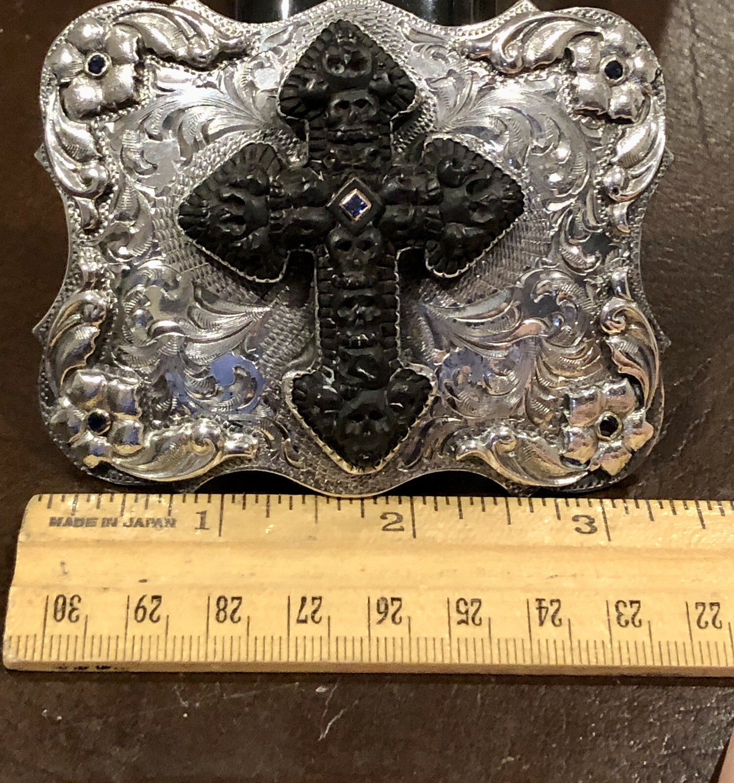 $8K JW Cooper / Comstock Heritage Hand Carved Jet Stone Cross-Skull Belt Buckle