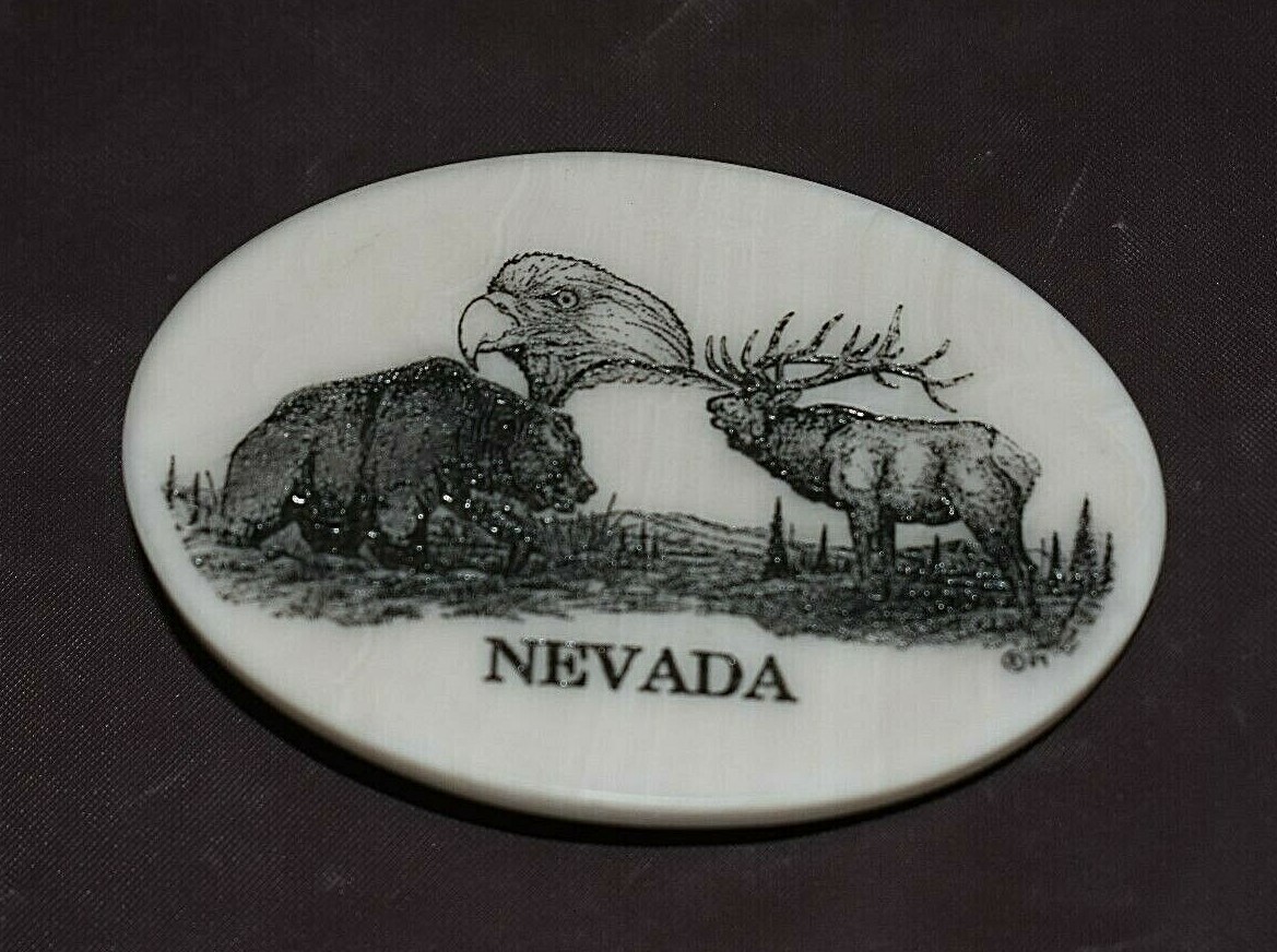 Etched Marble Belt Buckle oval 3.25&Prime; NEVADA (BEAR / EAGLE / ELK) NICE!!