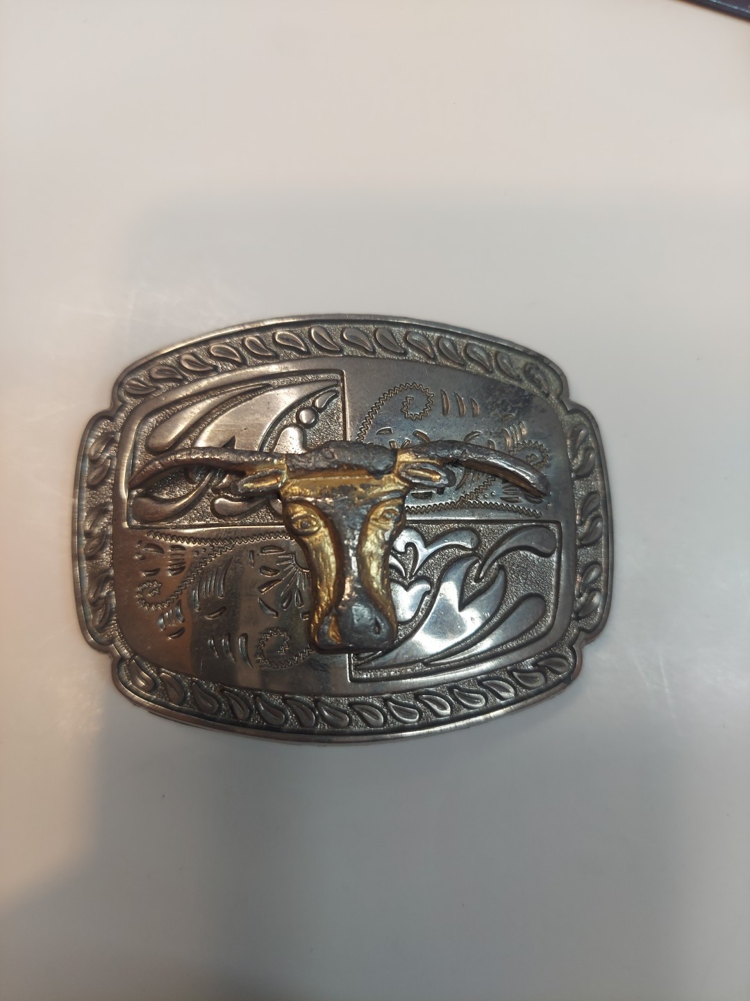 Western Longhorn Belt Buckle Floral Engravings Bull Head Rope Border