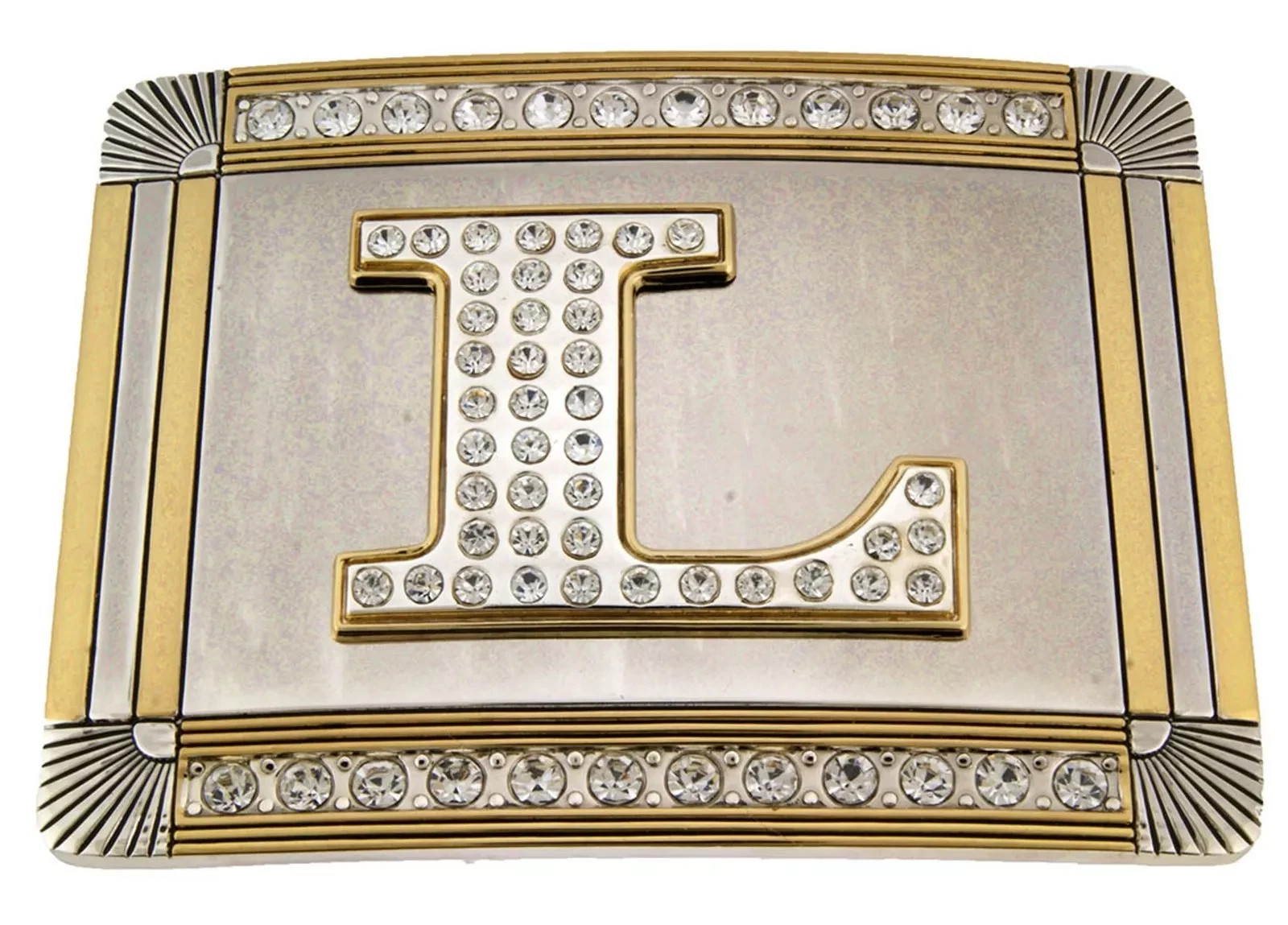 Initial L Letter Belt Buckle Bling Rhinestones Men Gold Metal Western Fashion