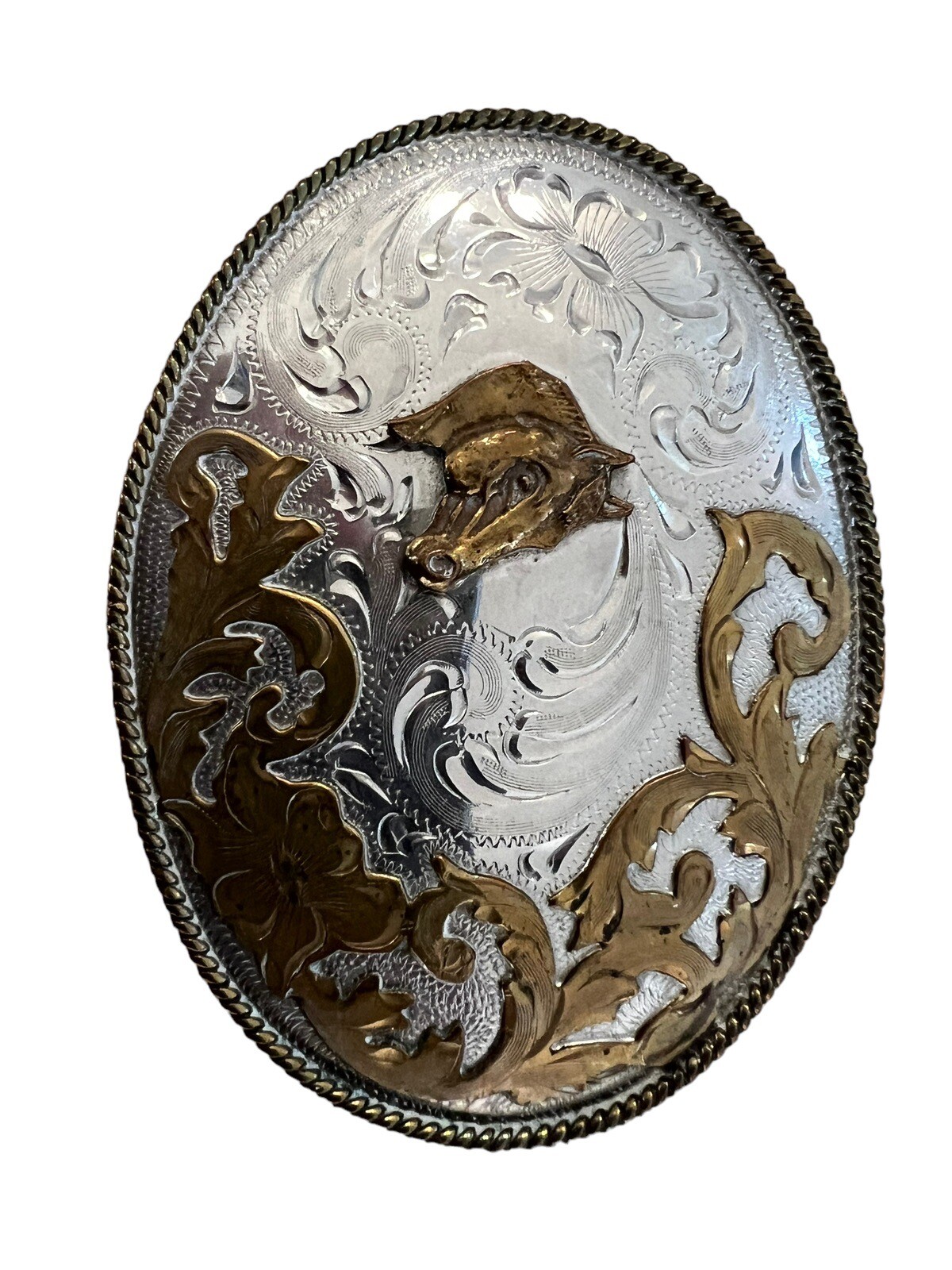 Horse Cowboy large belt buckle Alpaca Mexico 4.5&Prime; x 3.25&Prime; Rodeo Country