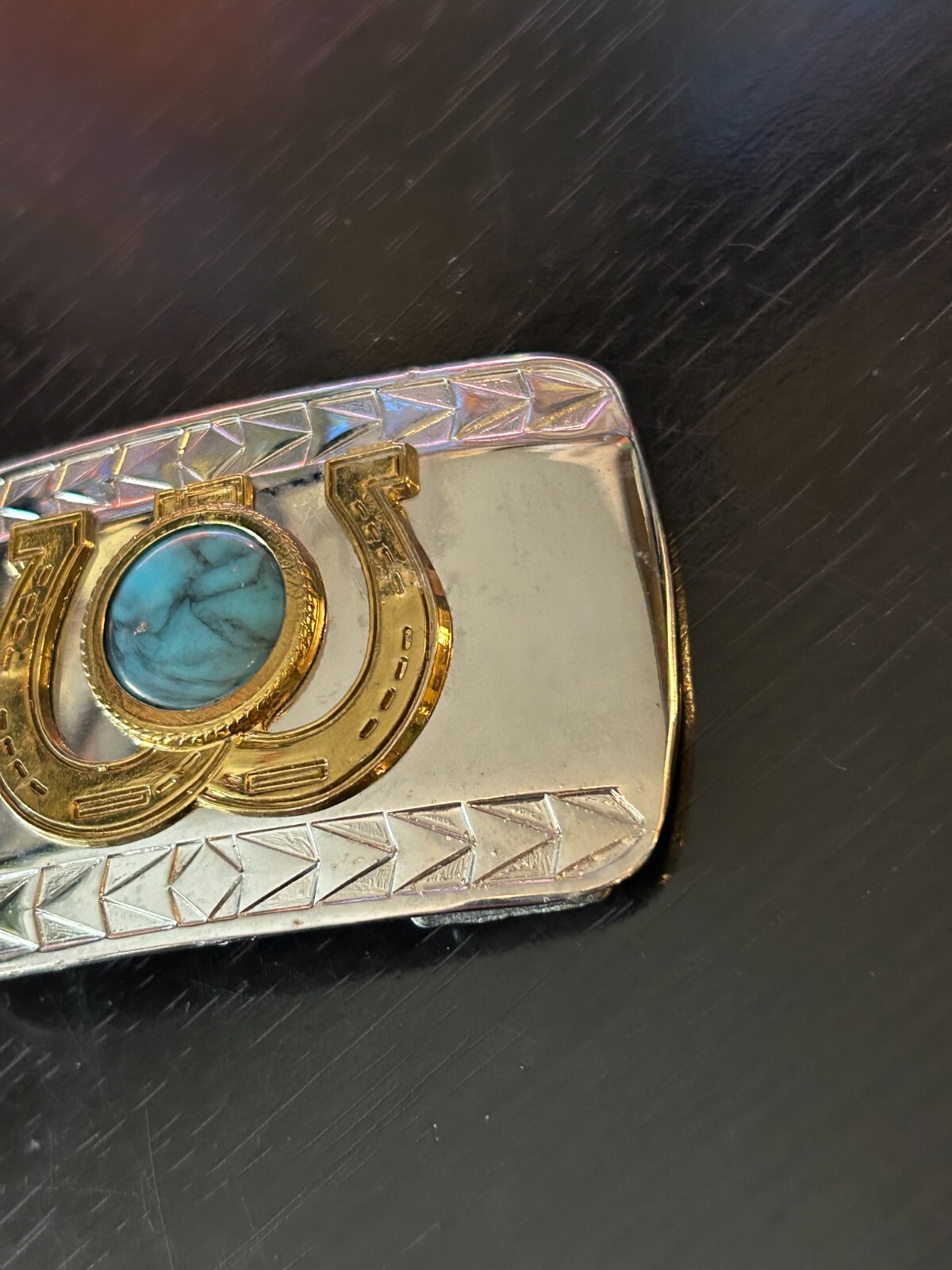 Vintage Collectible Horseshoes Turquoise Looking Piece Metal Belt Buckle