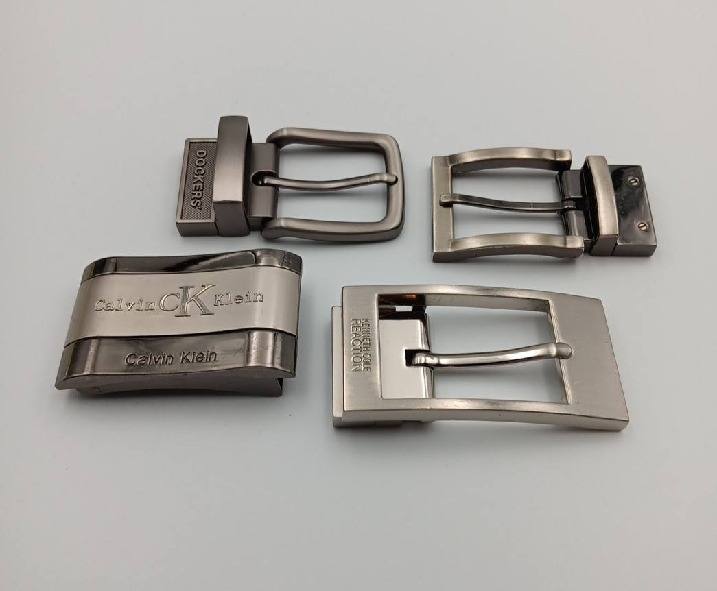 Lot of 4 Mens Assorted Designer Brands Chrome Metal Silver Belt Buckles