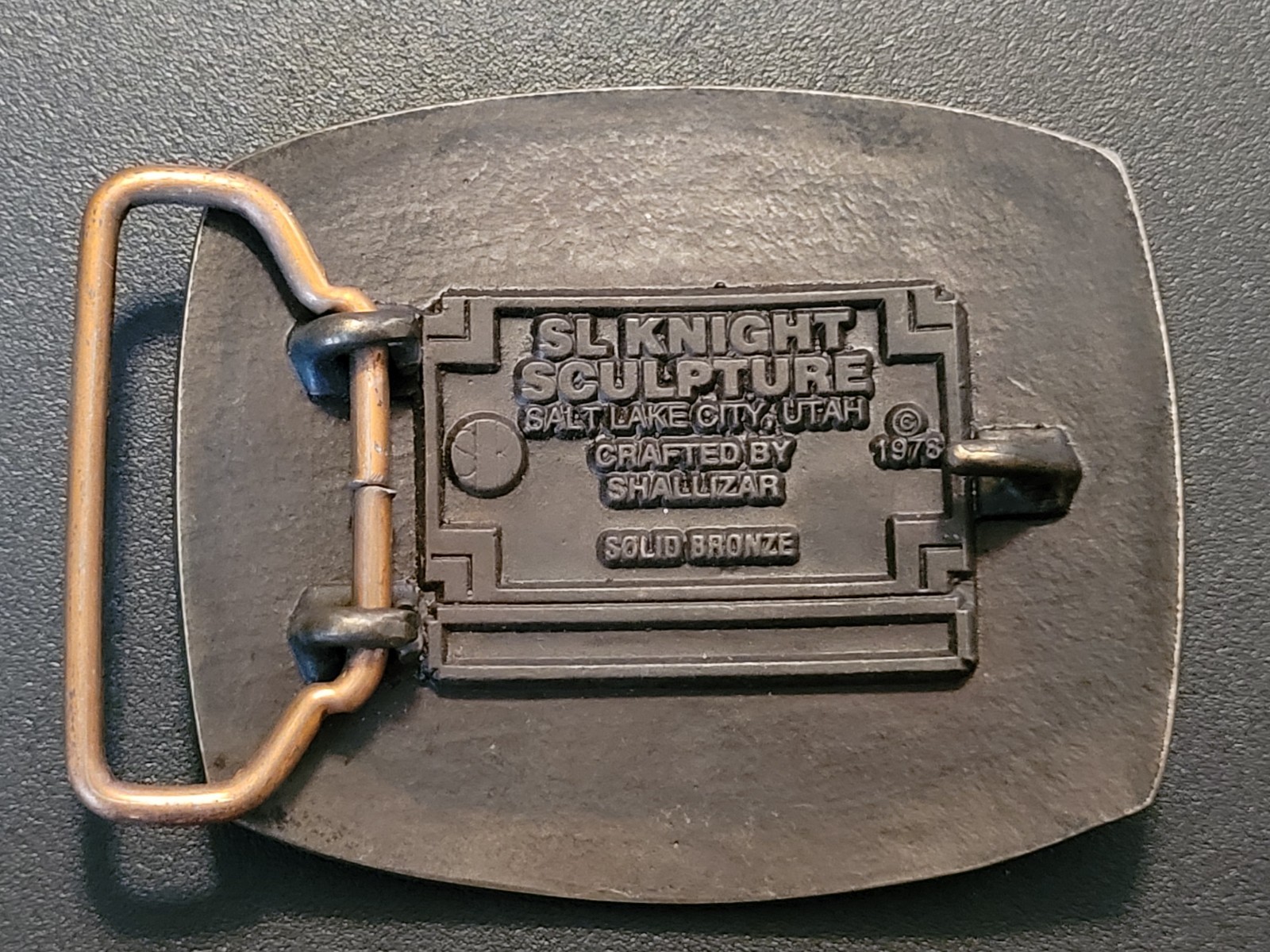 Vintage 1978 SL Knight Sculpture Bass Fly Fishing Belt Buckle Solid Bronze USA