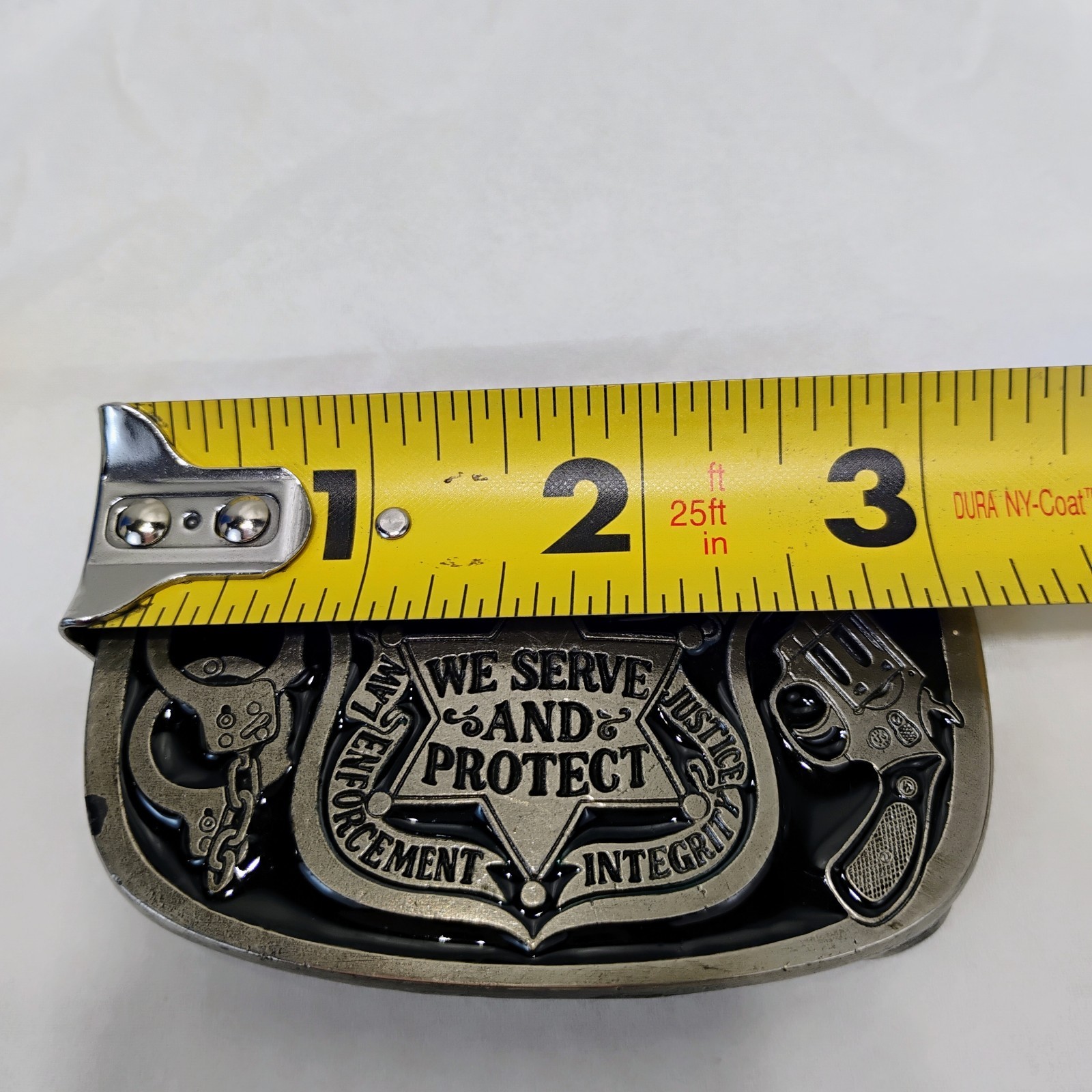 Police Belt Buckle We Serve & Protect Black Enamel Buckle Bakery 1988 Vintage
