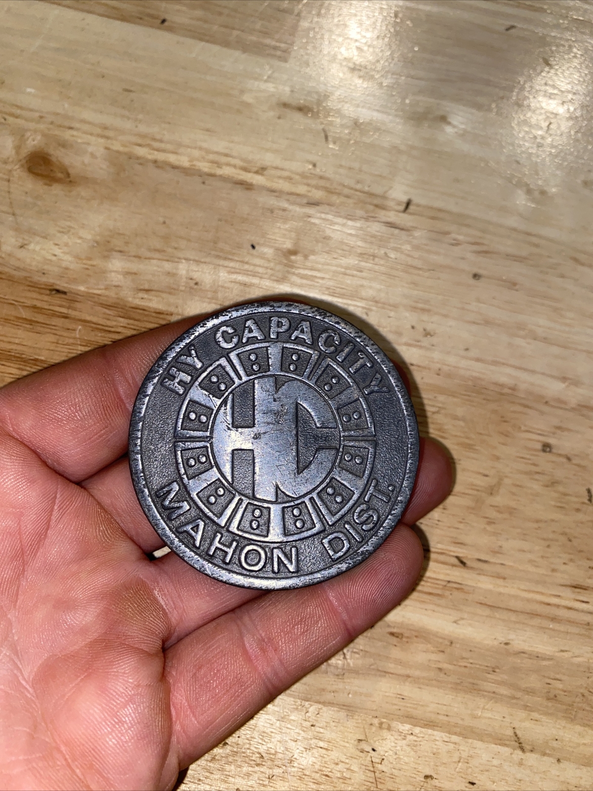 HY Capacity Belt Buckle Collector SOLID METAL Man Cave Patina Mahon Dist. BROKEN