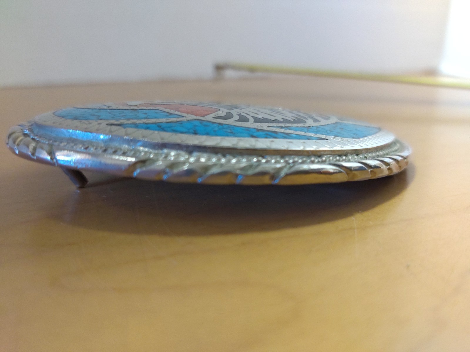 SOUTHWESTERN NATIVE AMERICAN WESTERN SS CORAL TURQUOISE EAGLE BELT BUCKLE