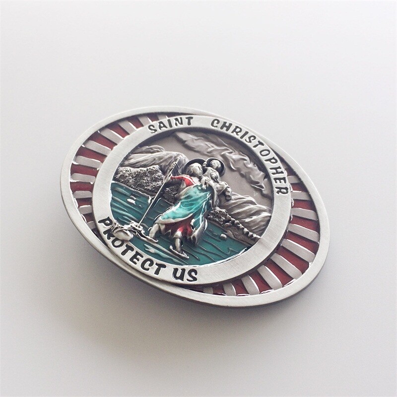 Vintage Style Enamel Saint Christopher Protect Us Belt Buckle Also Stock in US