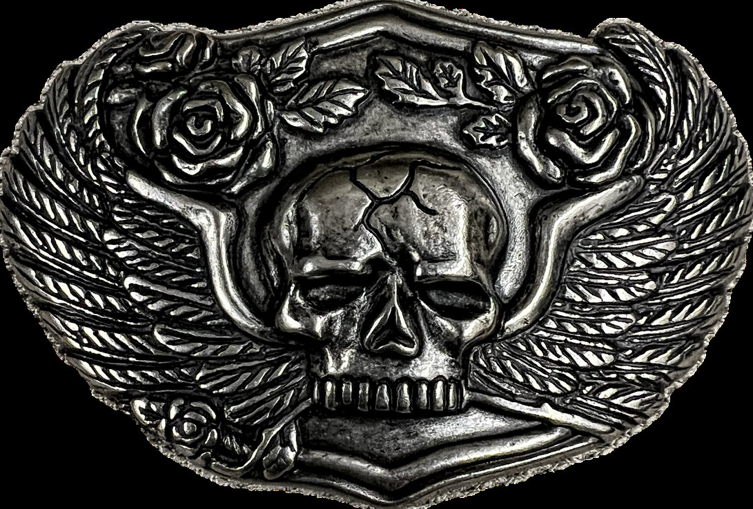RIVERLAND ISLAND SKULL HEAD W/WINGS & ROSES BELT BUCKLE PEWTER approx 3&Prime; by 3&Prime;