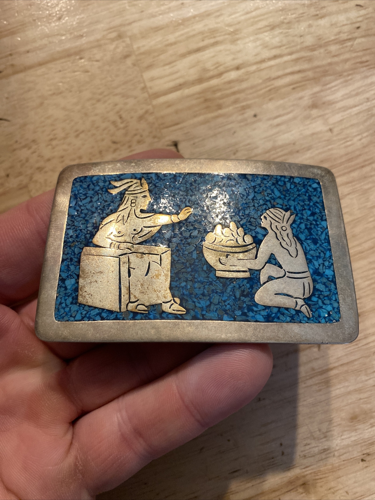 Aztec Sterling Silver .925 Vintage Belt Buckle Turquoise Collector Patina 2.7 OZ