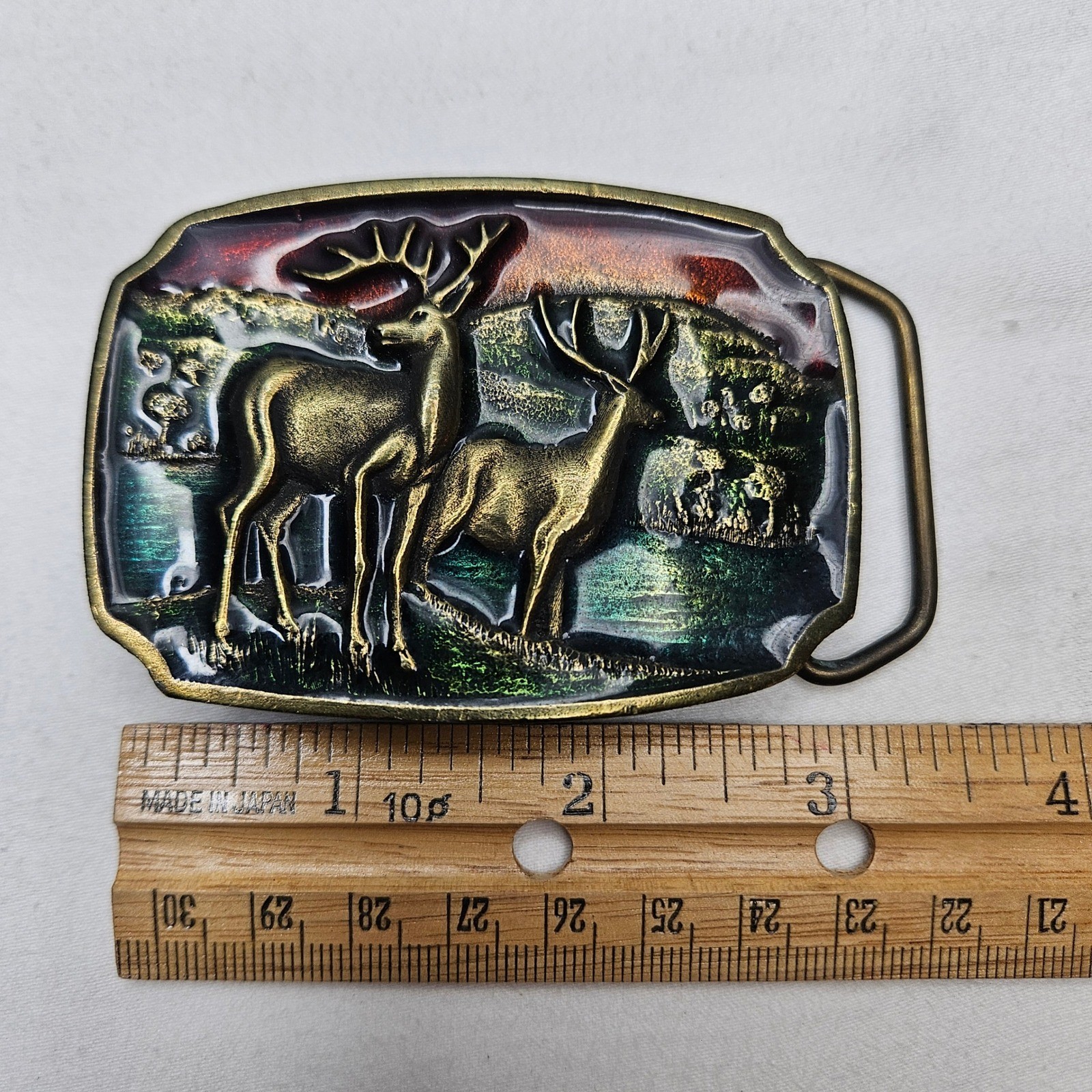 Koleaco USA Vtg Deer Buck Wildlife Brass 3D Enamel Belt Buckle A16 Western