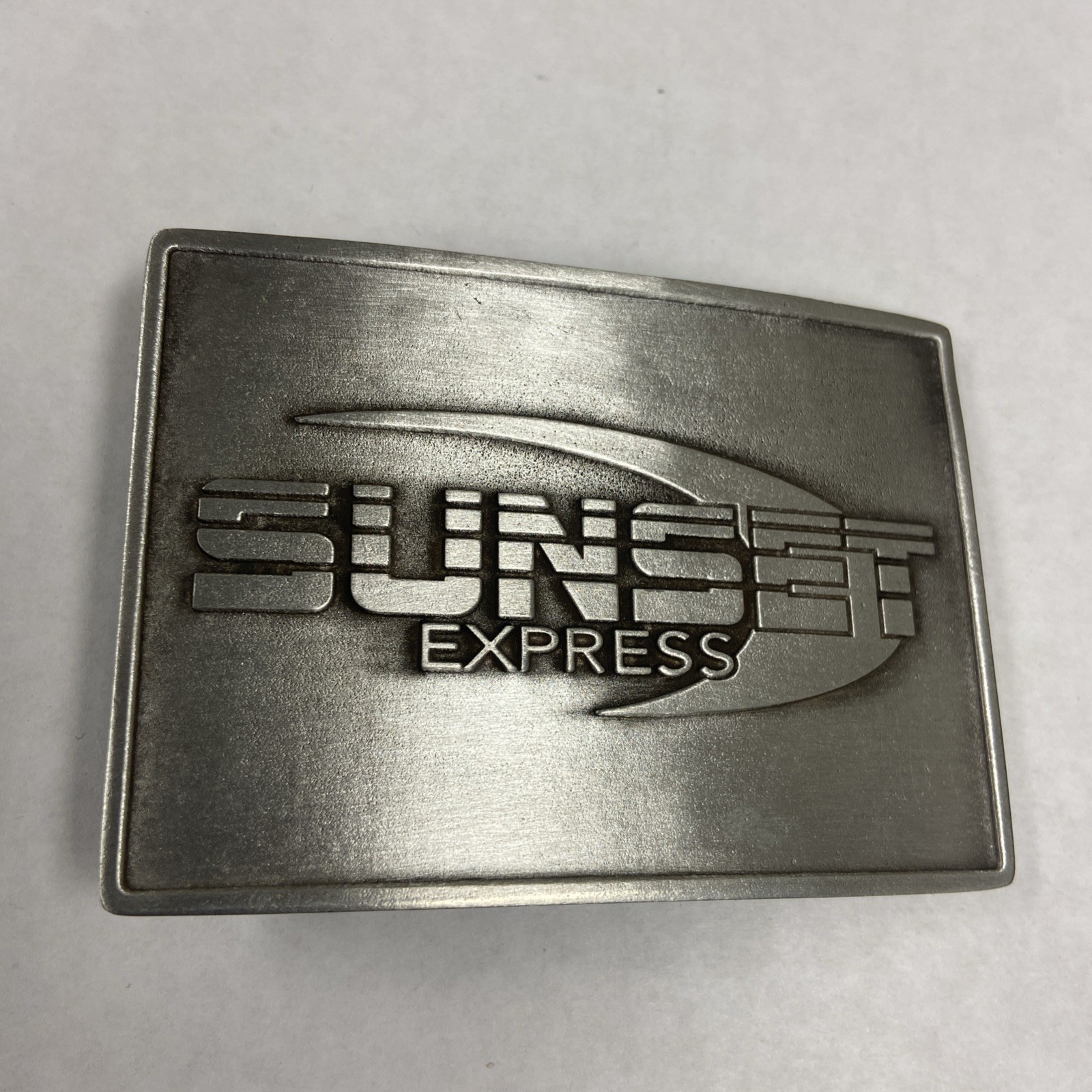 Solid Pewter Sunset Express Trucking Arched Embossed Belt Buckle 3 1/2&Prime;x2 1/2&Prime;