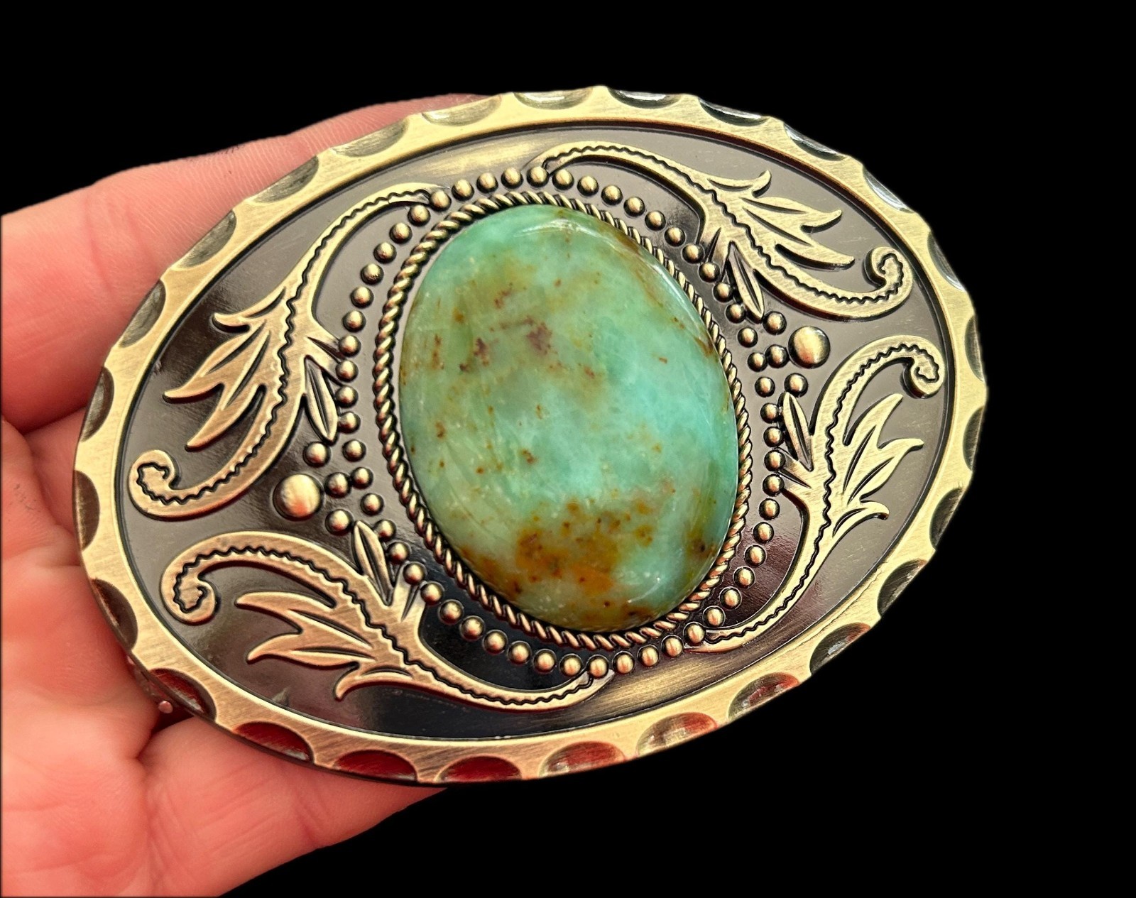 Turquoise Stone Belt Buckle Engraved Brass Western Cowboy Rodeo Style