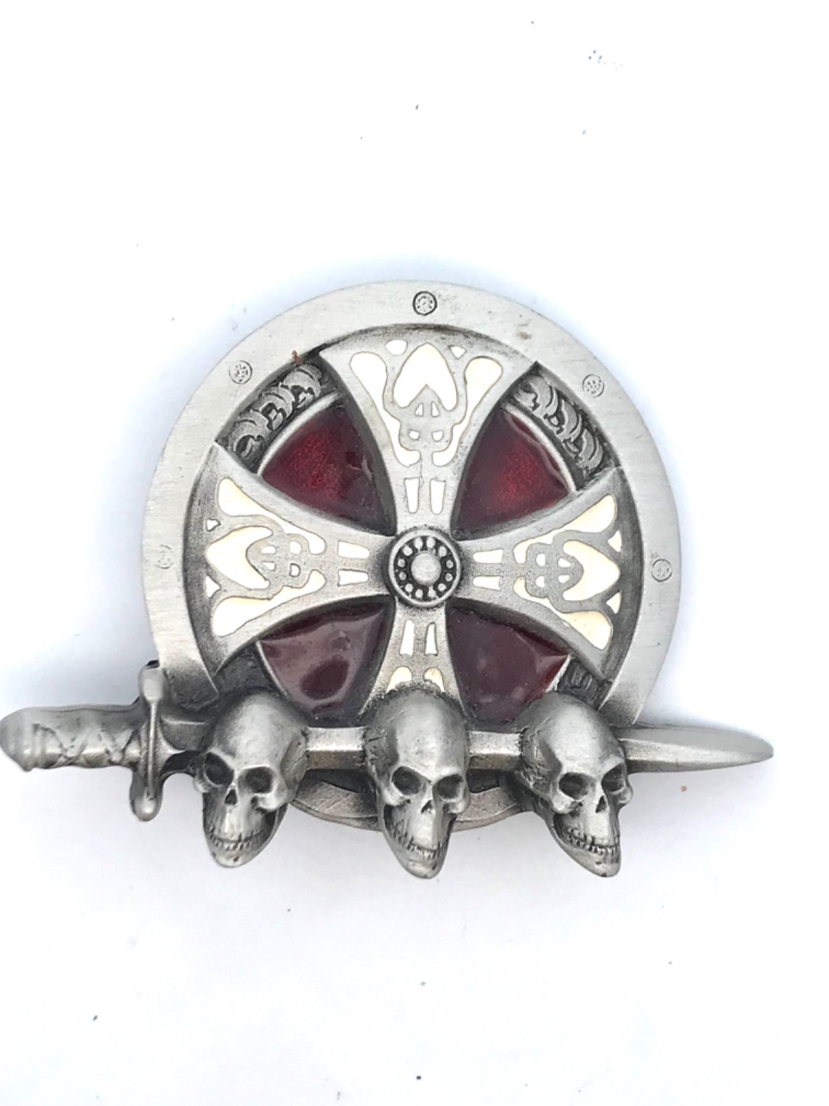 1995 Tanside Ltd Silver Tone Enamel Skull Dagger Maltese Cross Biker Belt Buckle