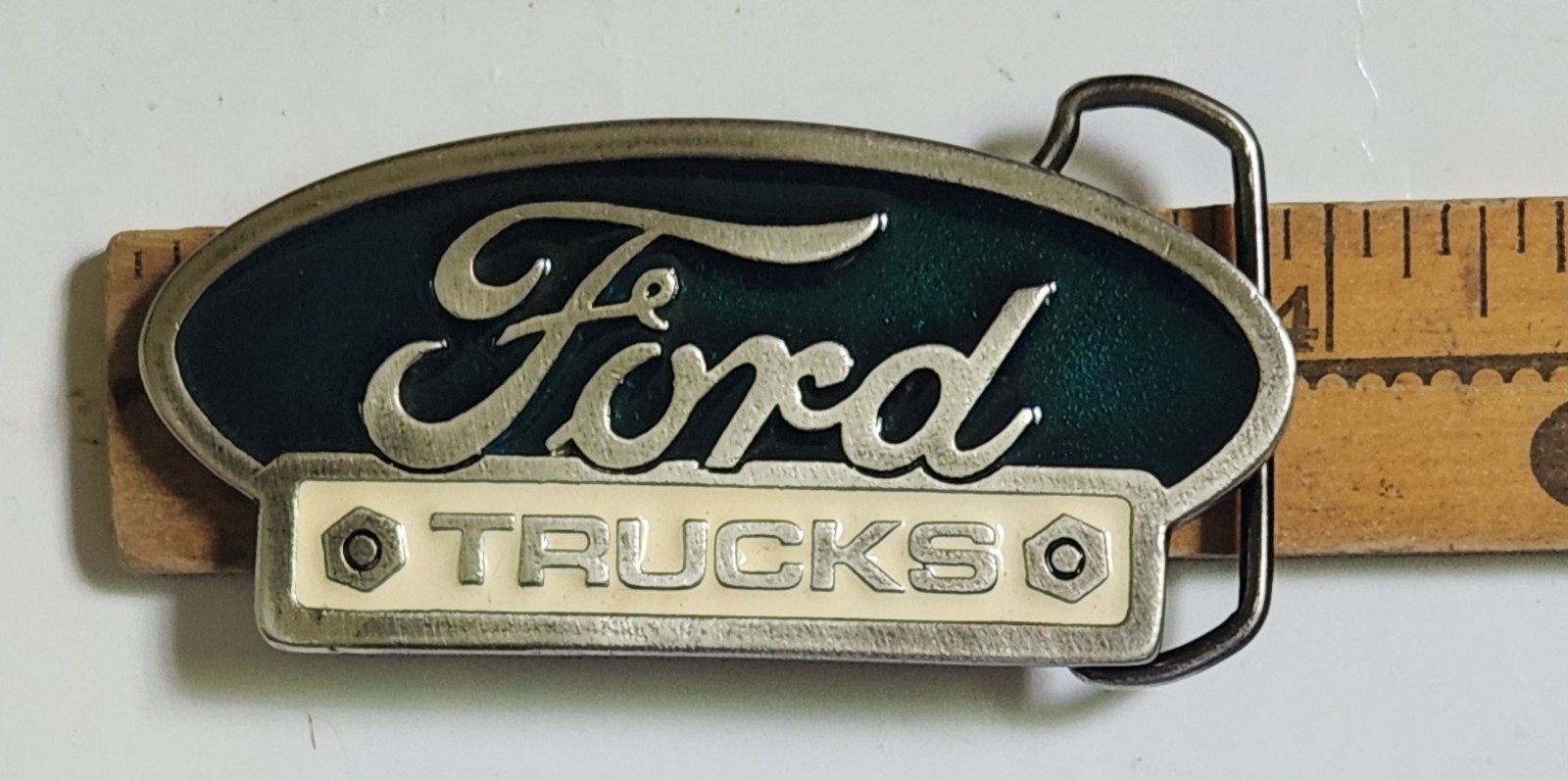 vtg Belt Buckle Ford Truck Emblem Green Enamel U.S.A. numbered
