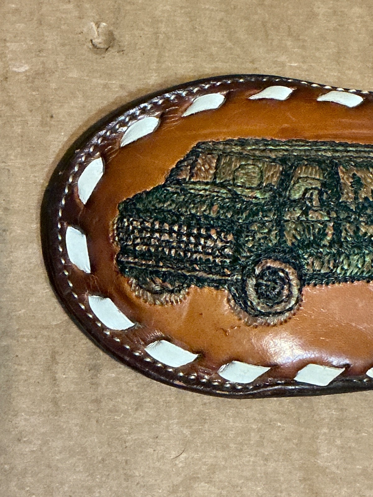 Used Hand Tooled Stitched Leather Tony Lama 1980’s Van Desert Motif Belt Buckle