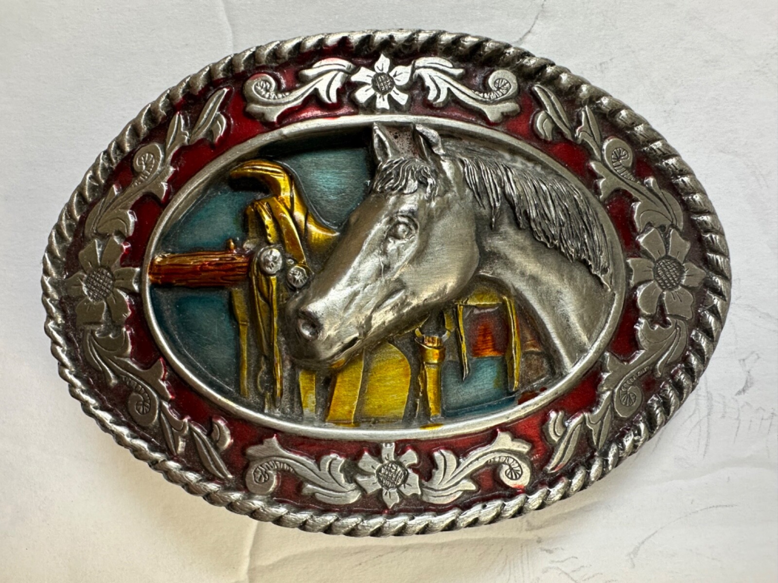 1985 VTG. SISKIYOU Belt Buckle Horse & Saddle Blue Background Excellent COND.