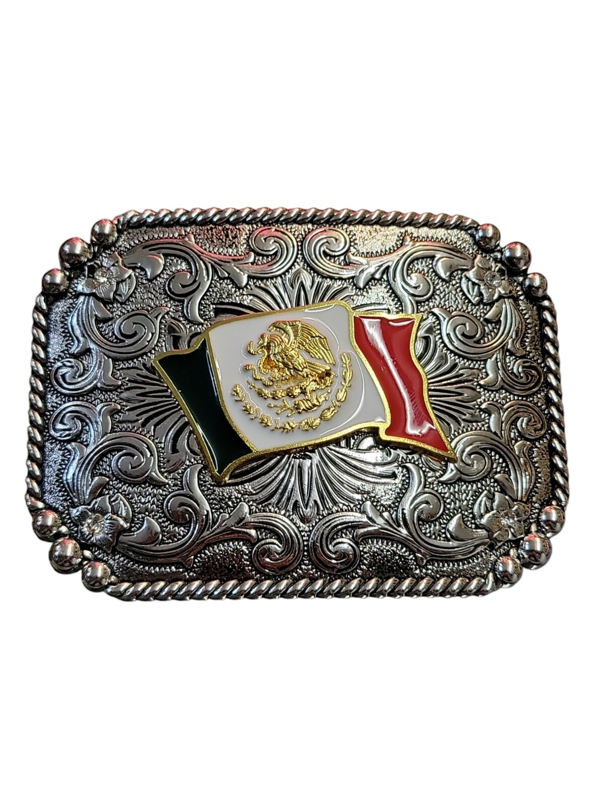 Cowboy Belt Buckle For Man – Mexican Flag 4 1/4&Prime;x3 1/8&Prime; Silver Tone/Gold