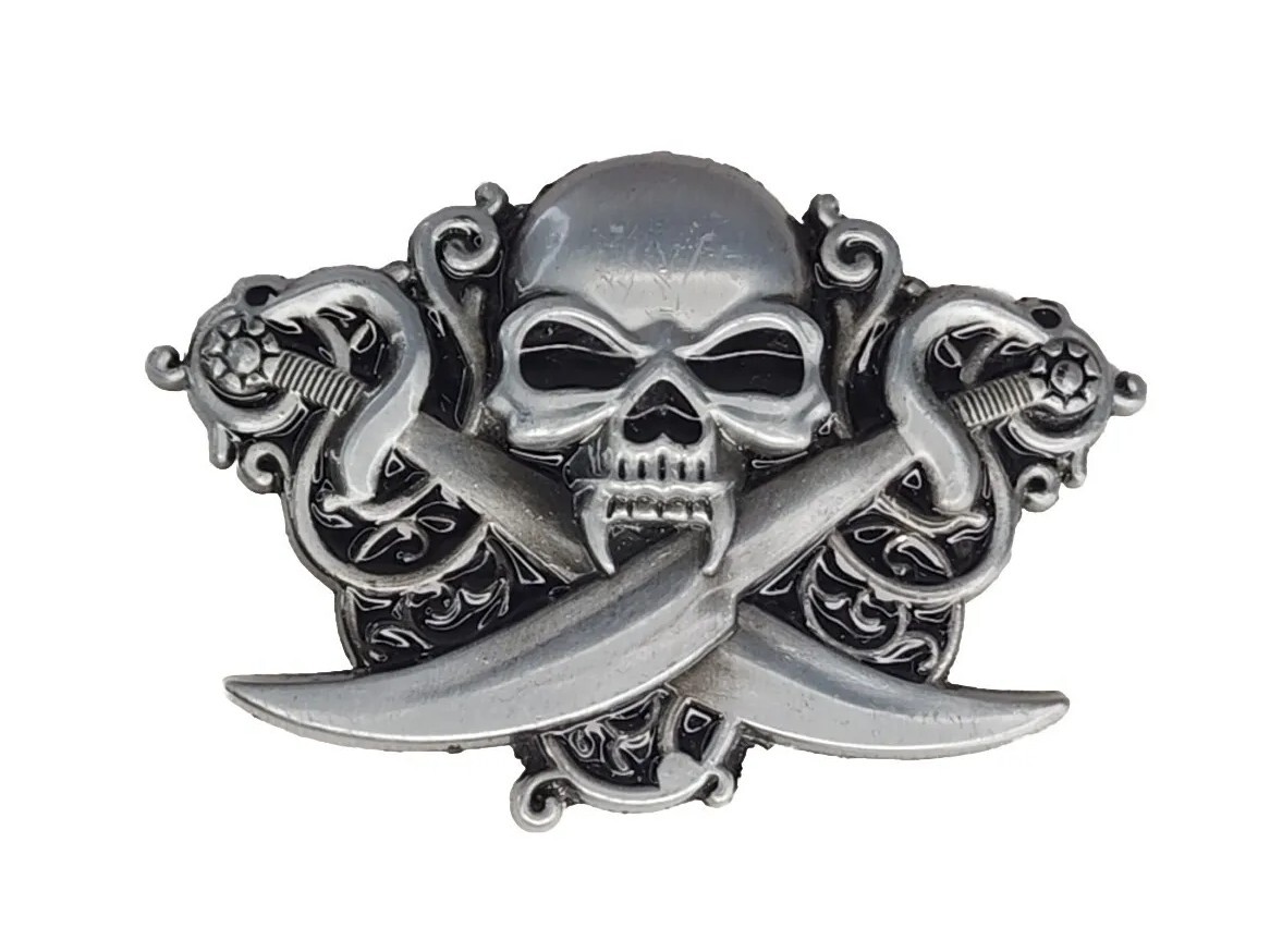 Unbranded Silver And Black Metal Skull w/ Swords Belt Buckle