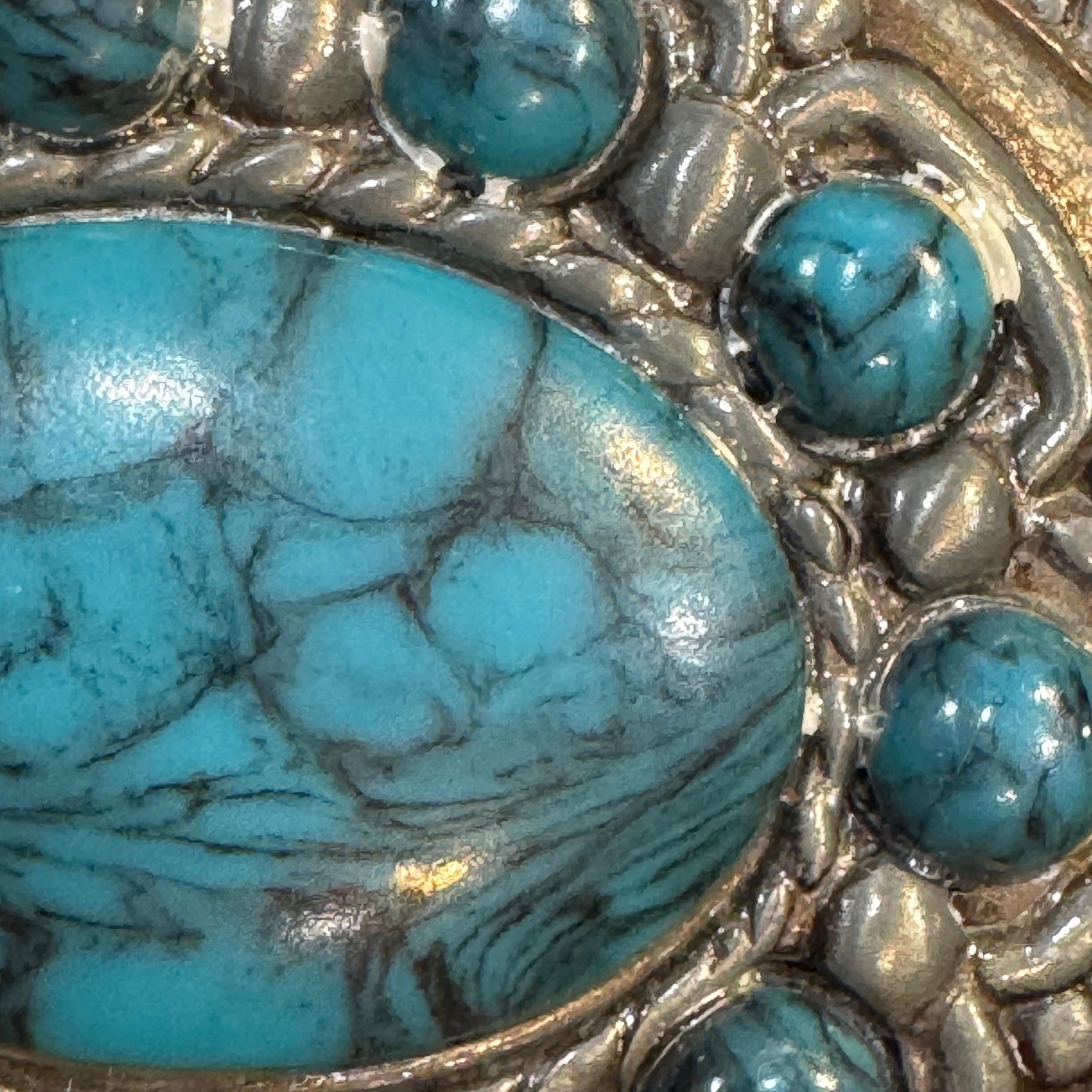 Western Silver Tone Faux Turquoise Scalloped Oval Belt Buckle Southwestern Boho