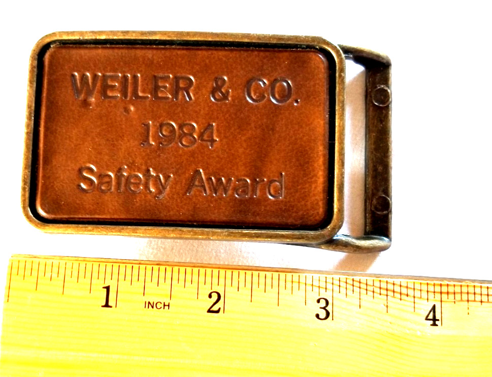 Weiler & Co 1984 Safety Award Leather on Brass Belt Buckle for 2&Prime; Work Belt VTG