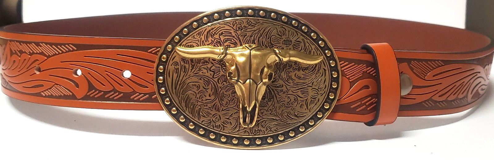 Western Belt 38 Longhorn Skull Oval Buckle Rust & Brown Stamp Synthetic Leather