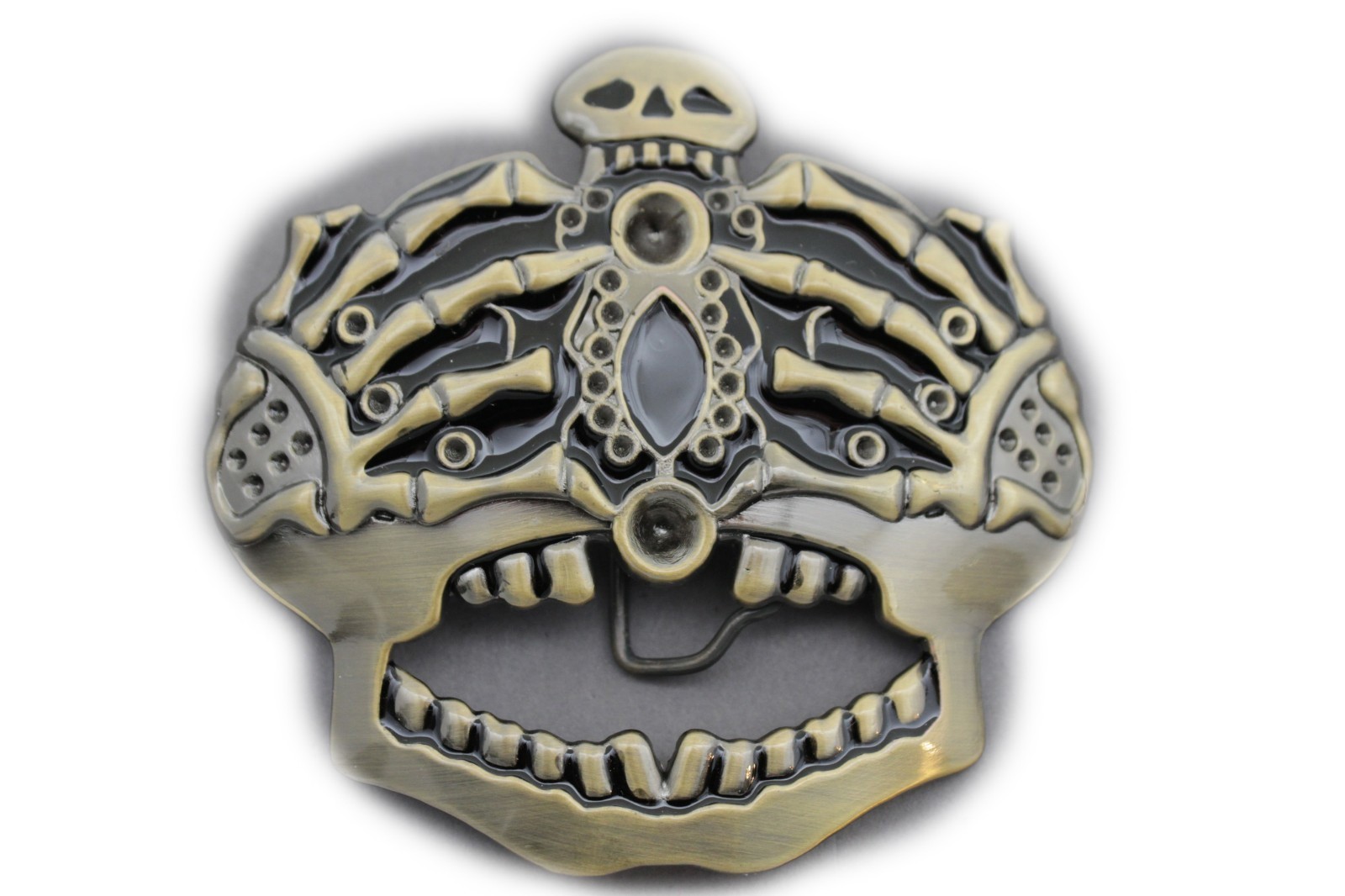 Men Women Antique Gold Metal Belt Buckle Skull Skeleton Bones Cover Face Eyes